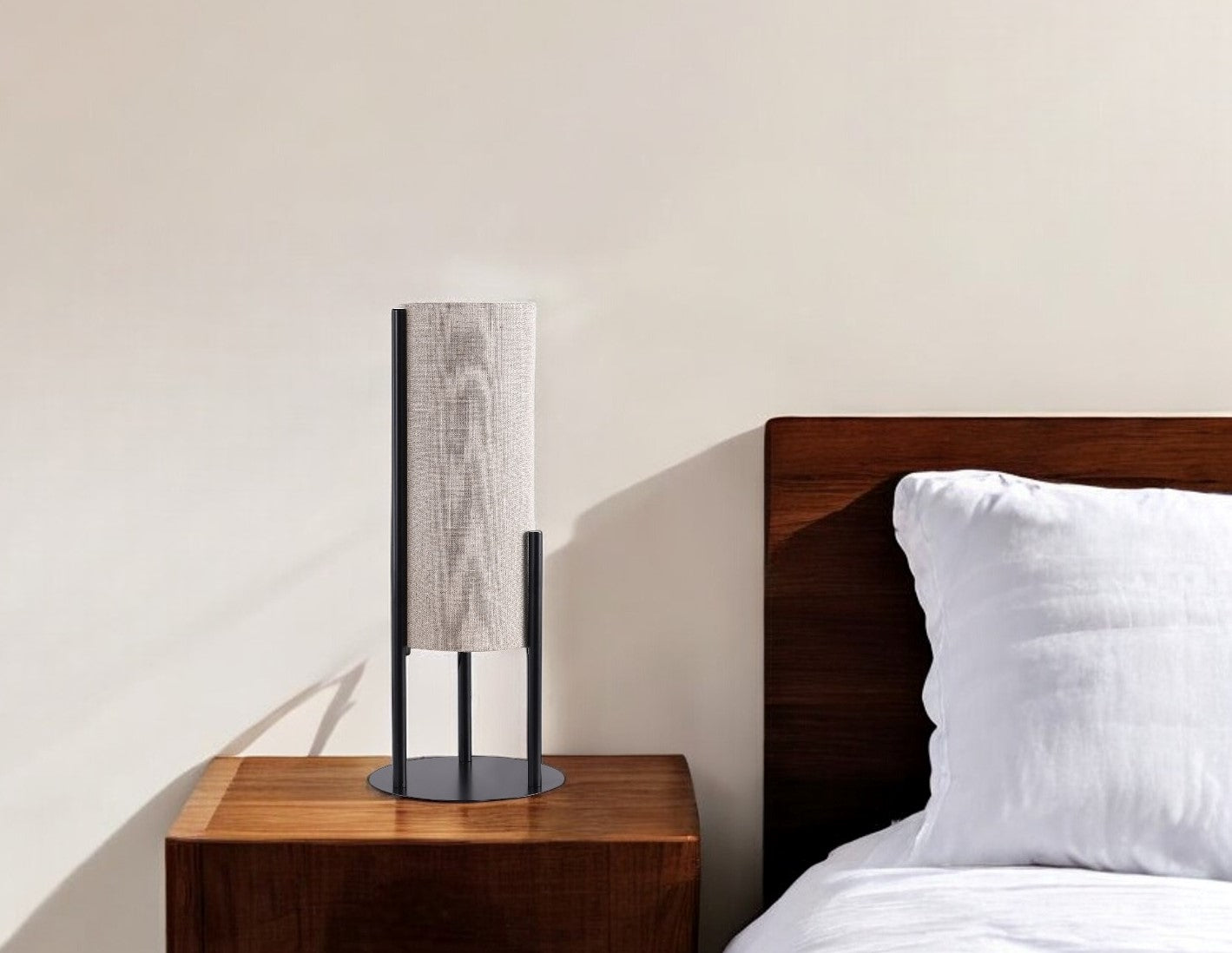 22" Black Metal Bedside Lamp With Beige Cylinder Shade-Table Lamps-DECOROLALA