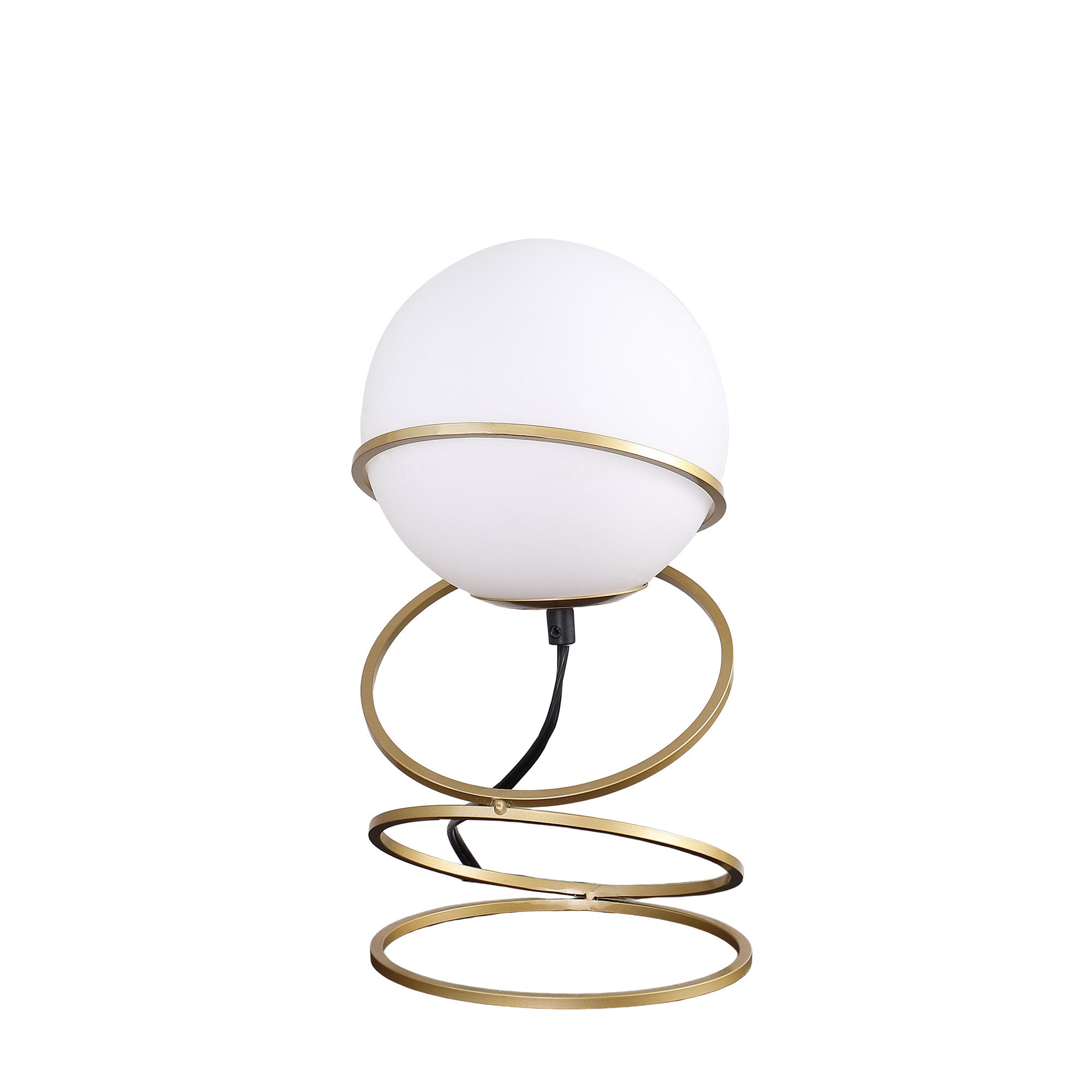 14" Gold Metal Geo Spiral Bedside Lamp With White Globe Shade-Table Lamps-DECOROLALA