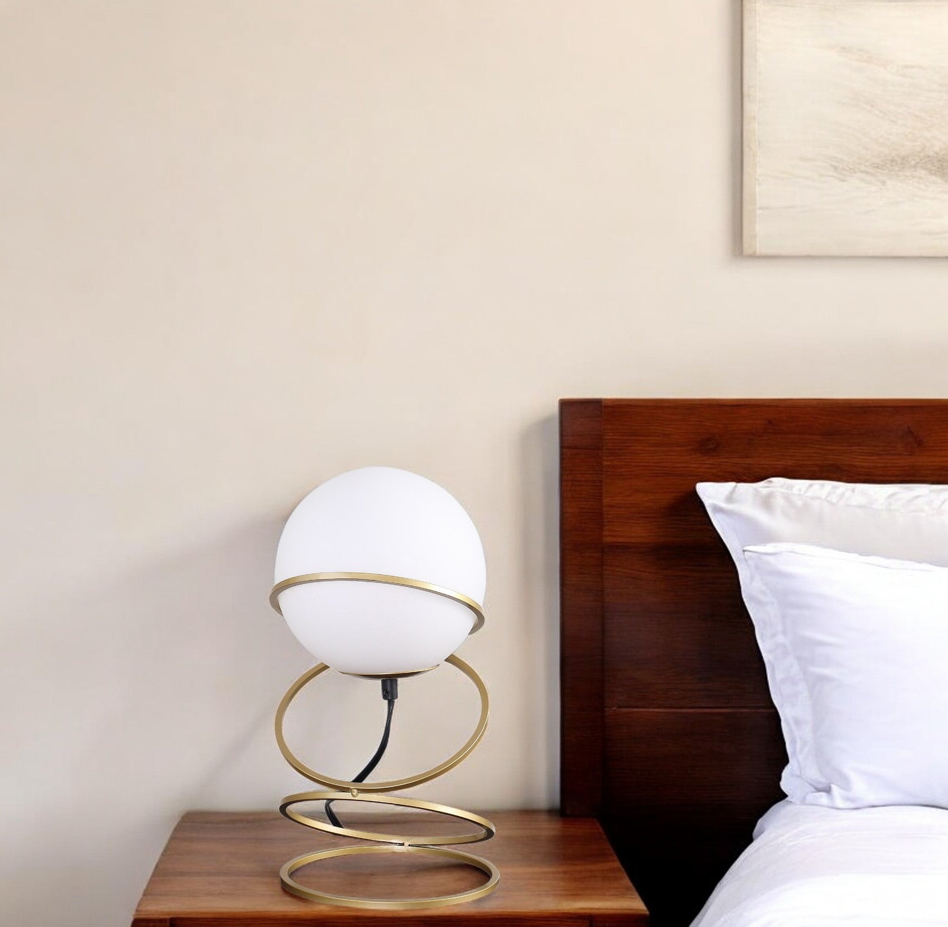 14" Gold Metal Geo Spiral Bedside Lamp With White Globe Shade-Table Lamps-DECOROLALA