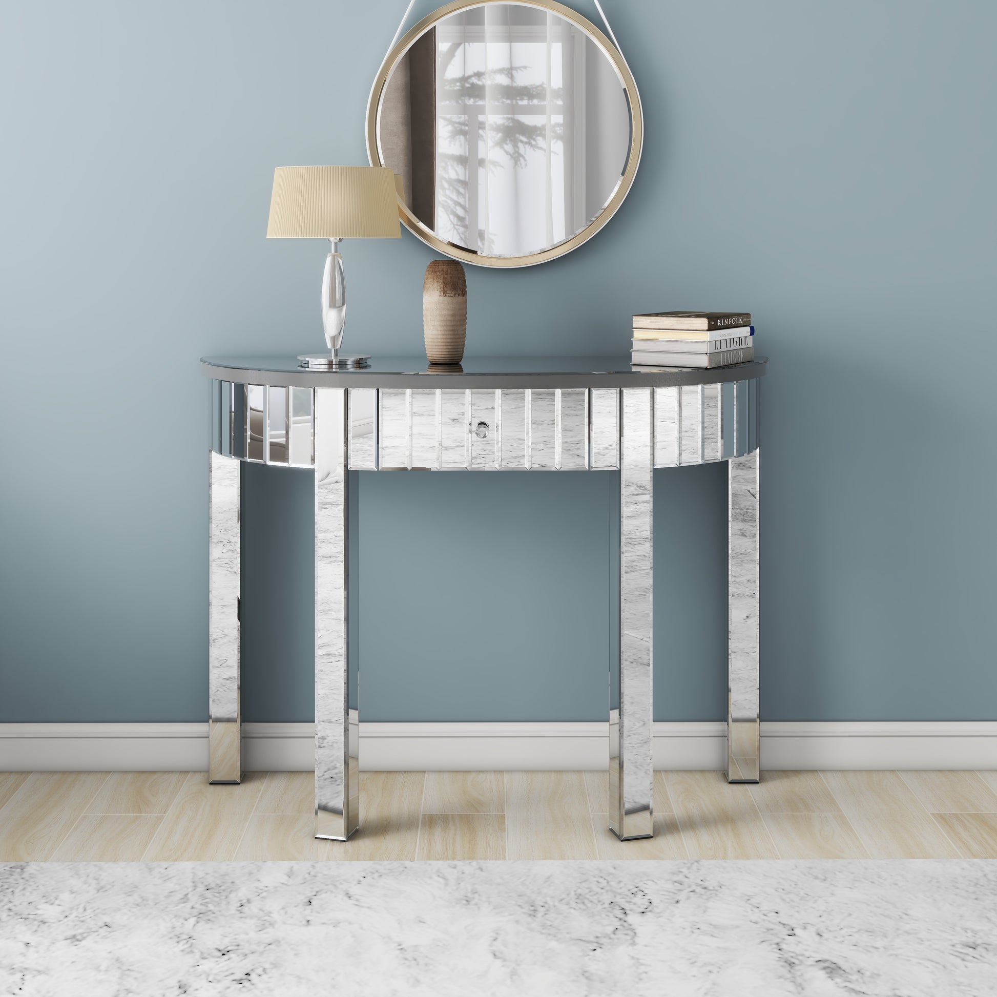 39" Silver Mirrored Glass Half Moon Console Table With Drawer-5