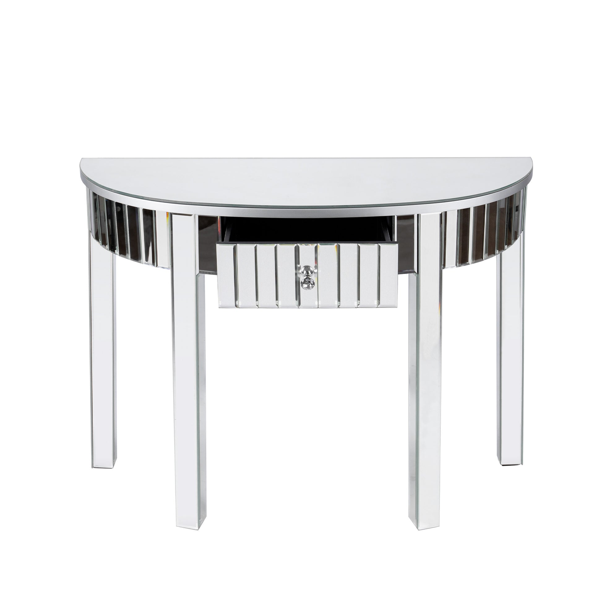 39" Silver Mirrored Glass Half Moon Console Table With Drawer-1