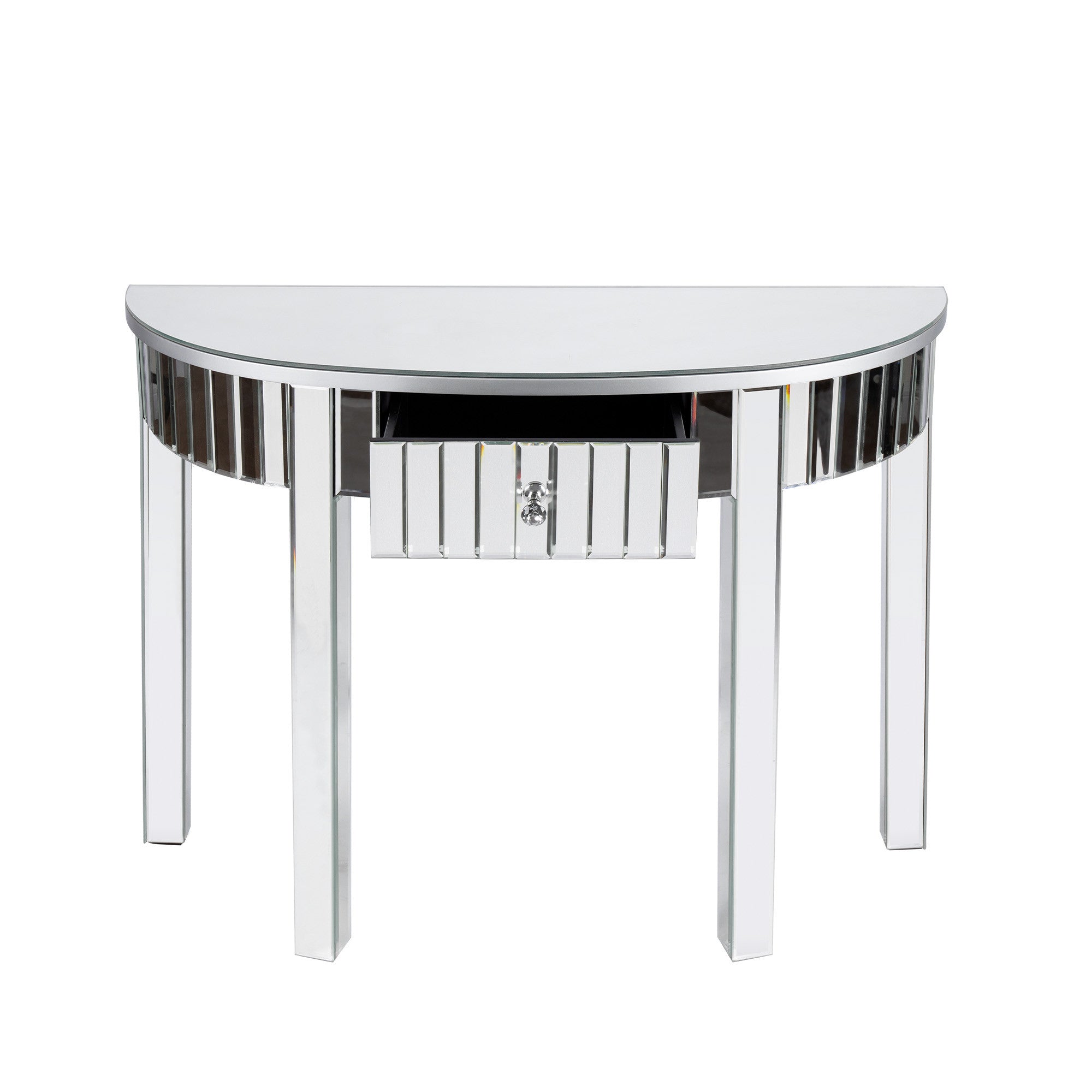 39" Silver Mirrored Glass Half Moon Console Table With Drawer-2