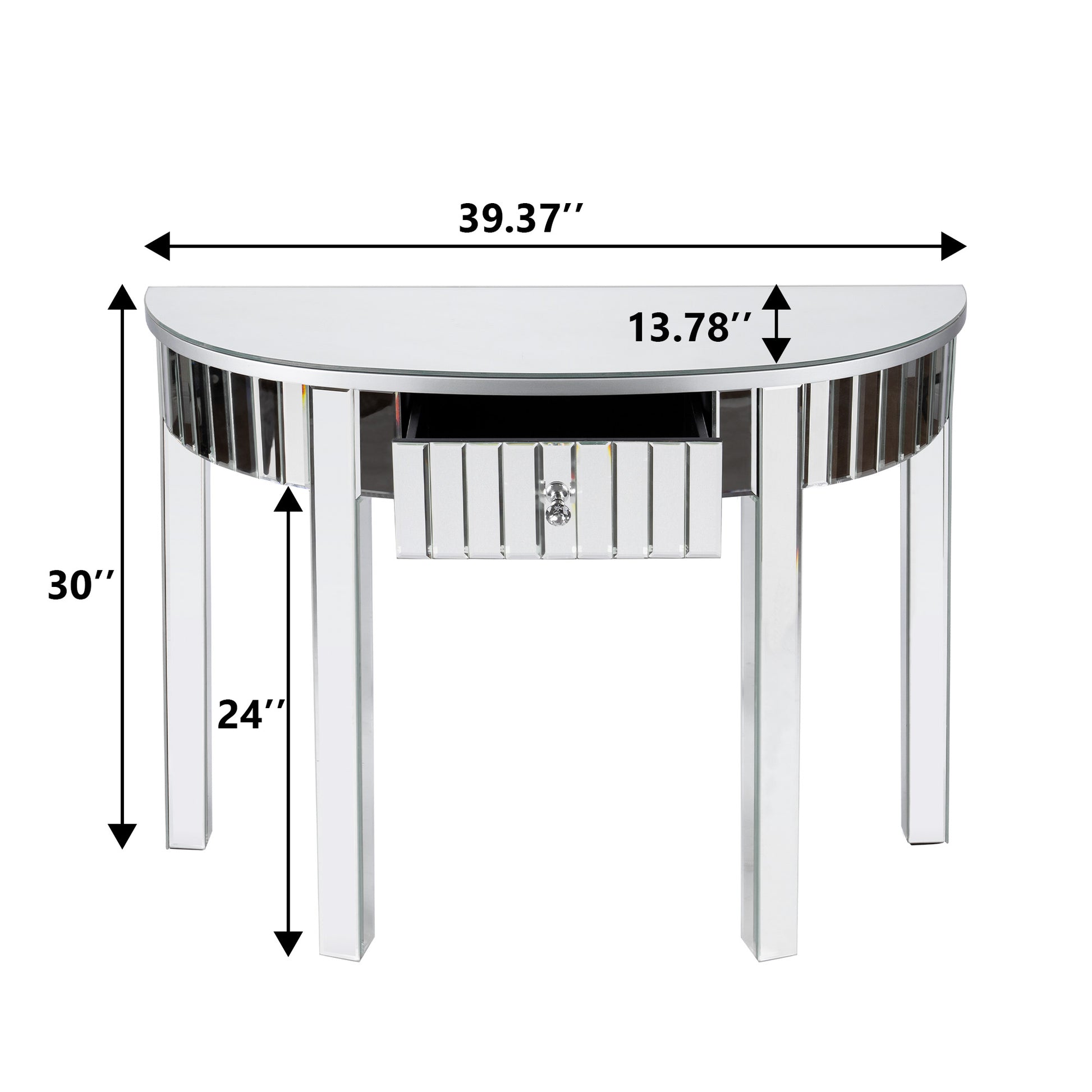 39" Silver Mirrored Glass Half Moon Console Table With Drawer-7