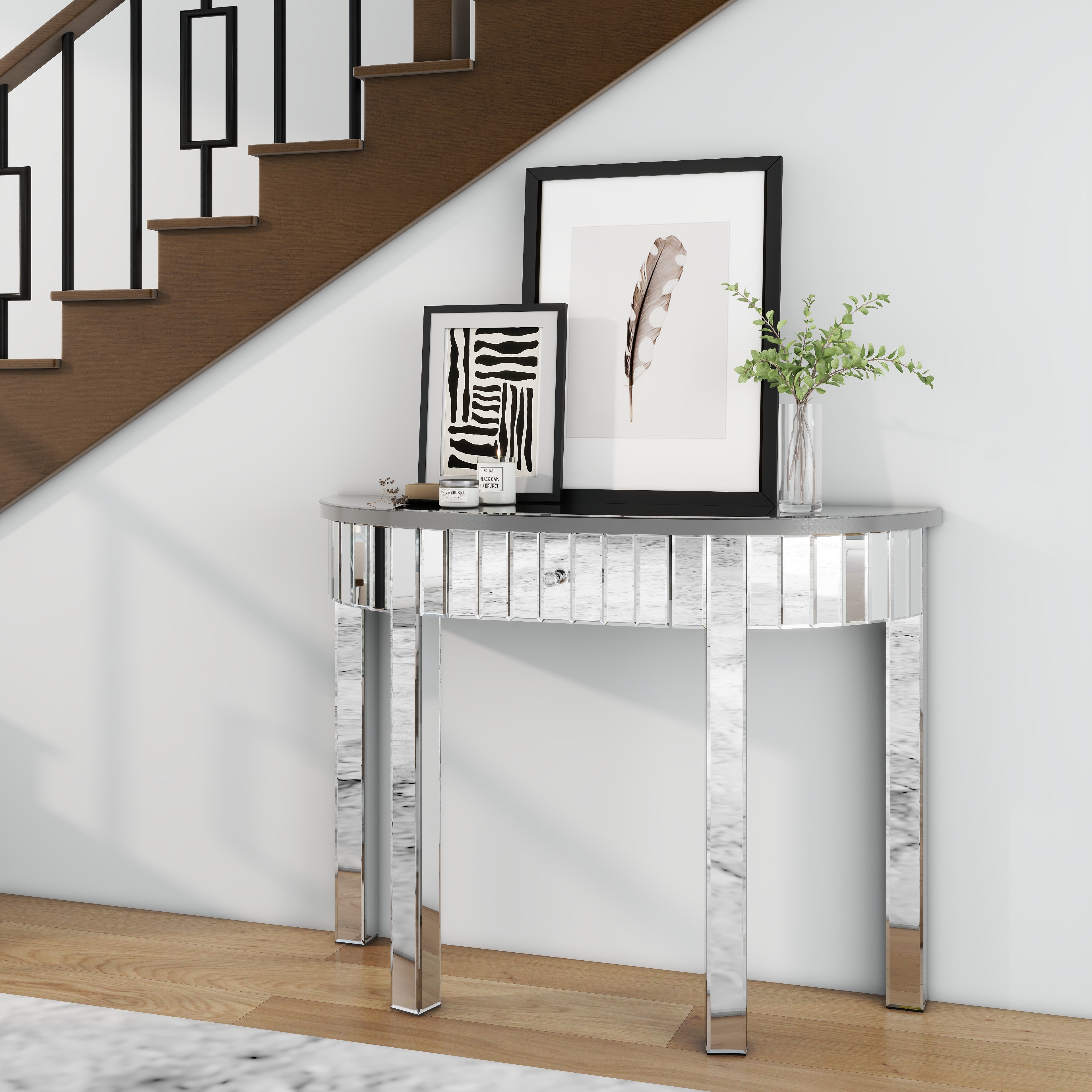 39" Silver Mirrored Glass Half Moon Console Table With Drawer-4