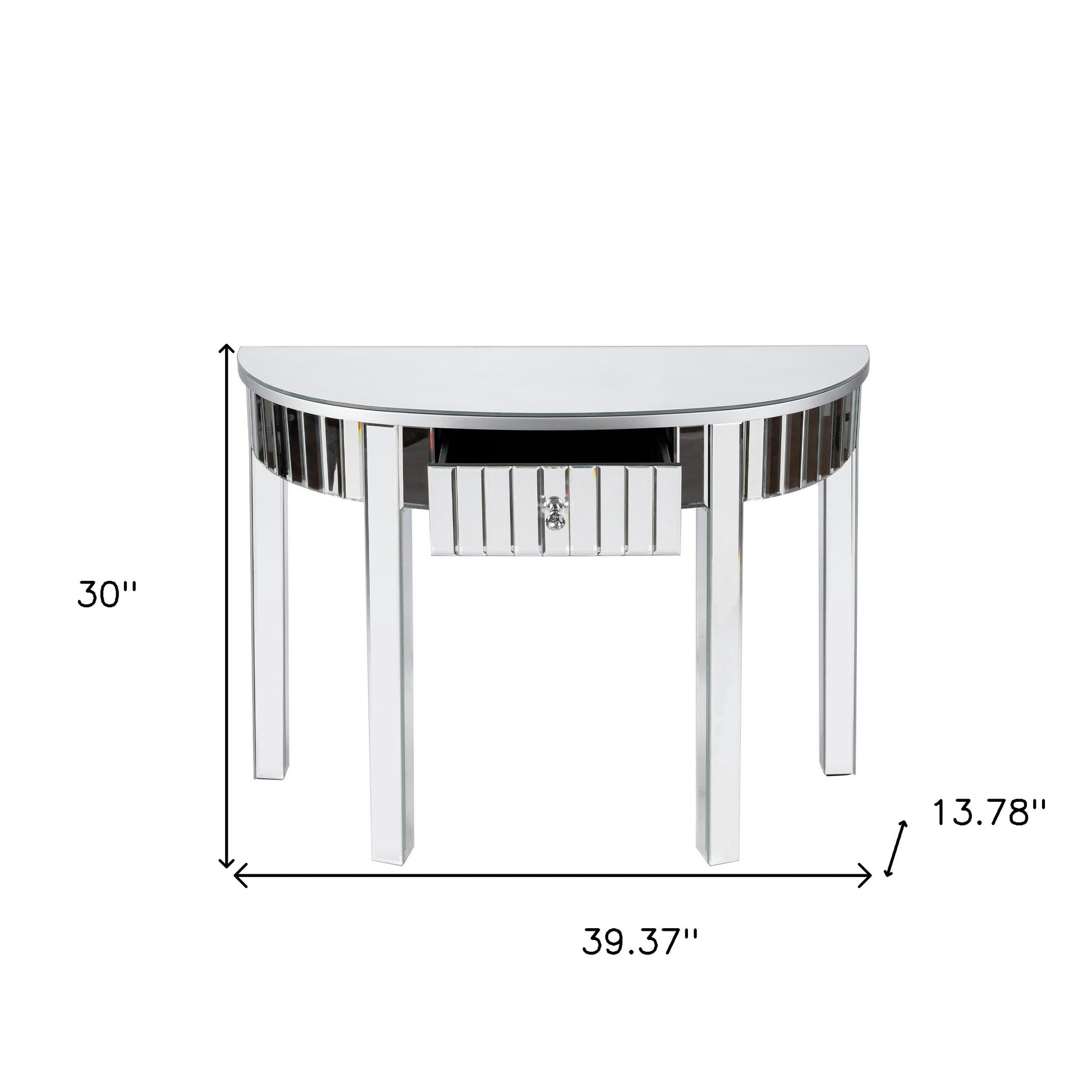 39" Silver Mirrored Glass Half Moon Console Table With Drawer-6