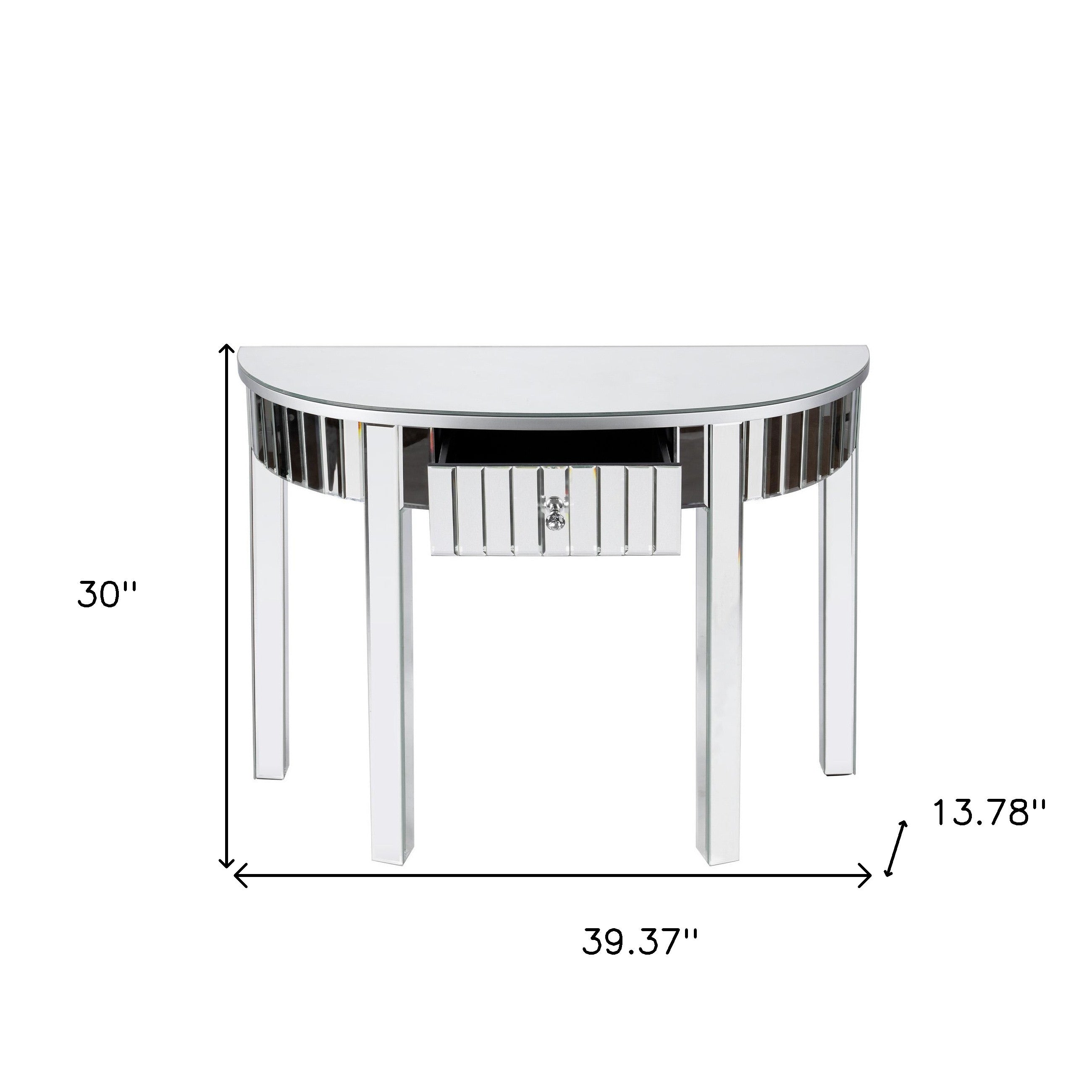 39" Silver Mirrored Glass Half Moon Console Table With Drawer-6