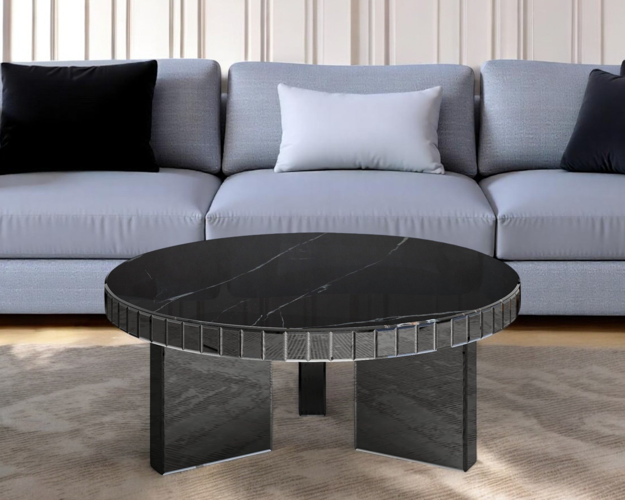 35" Silver And Black Mirrored Glass and Faux Marble Round Coffee Table-1