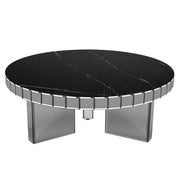 35" Silver And Black Mirrored Glass and Faux Marble Round Coffee Table-0