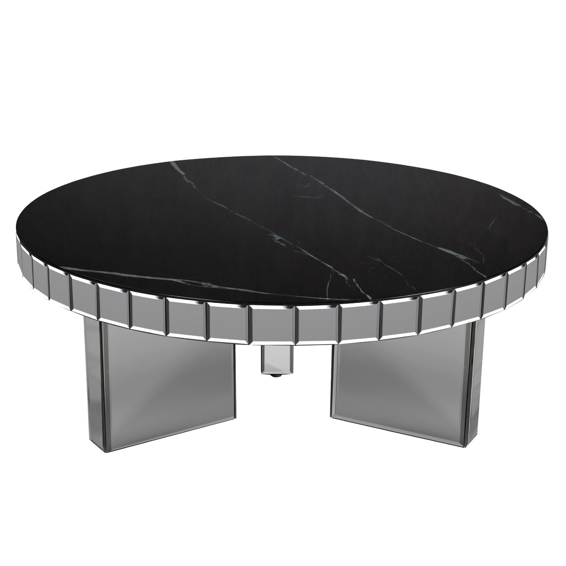 35" Silver And Black Mirrored Glass and Faux Marble Round Coffee Table-0