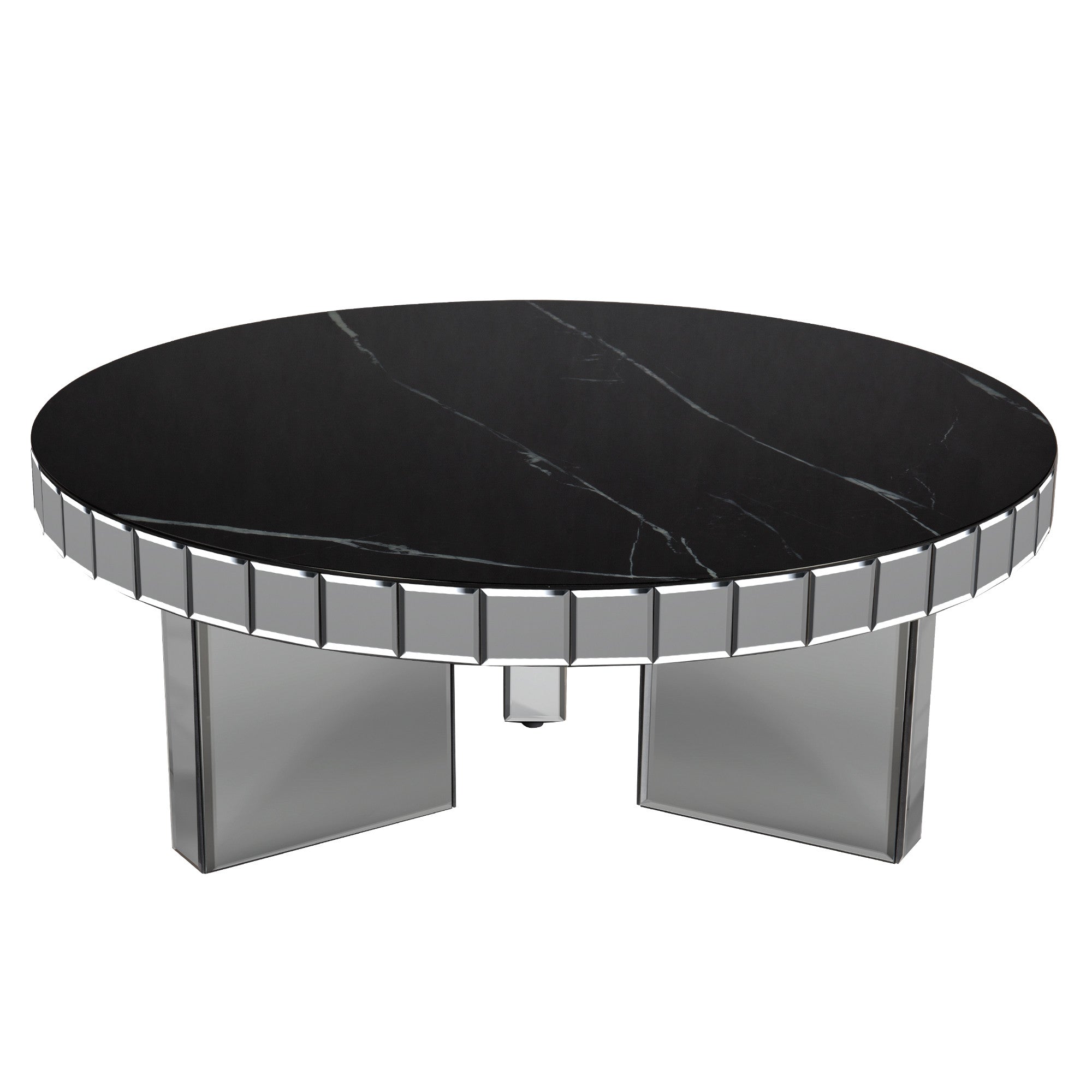 35" Silver And Black Mirrored Glass and Faux Marble Round Coffee Table-0
