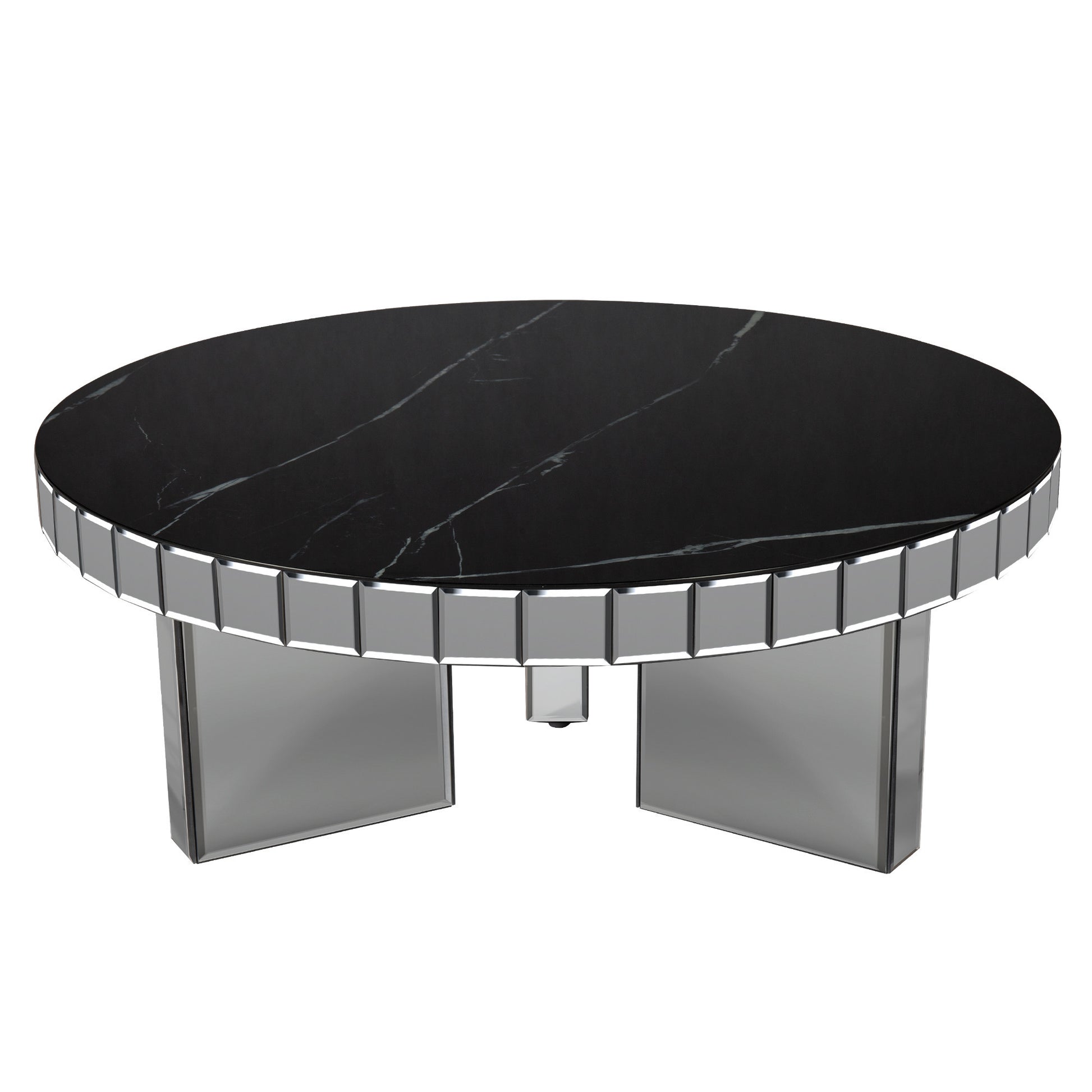 35" Silver And Black Mirrored Glass and Faux Marble Round Coffee Table-4