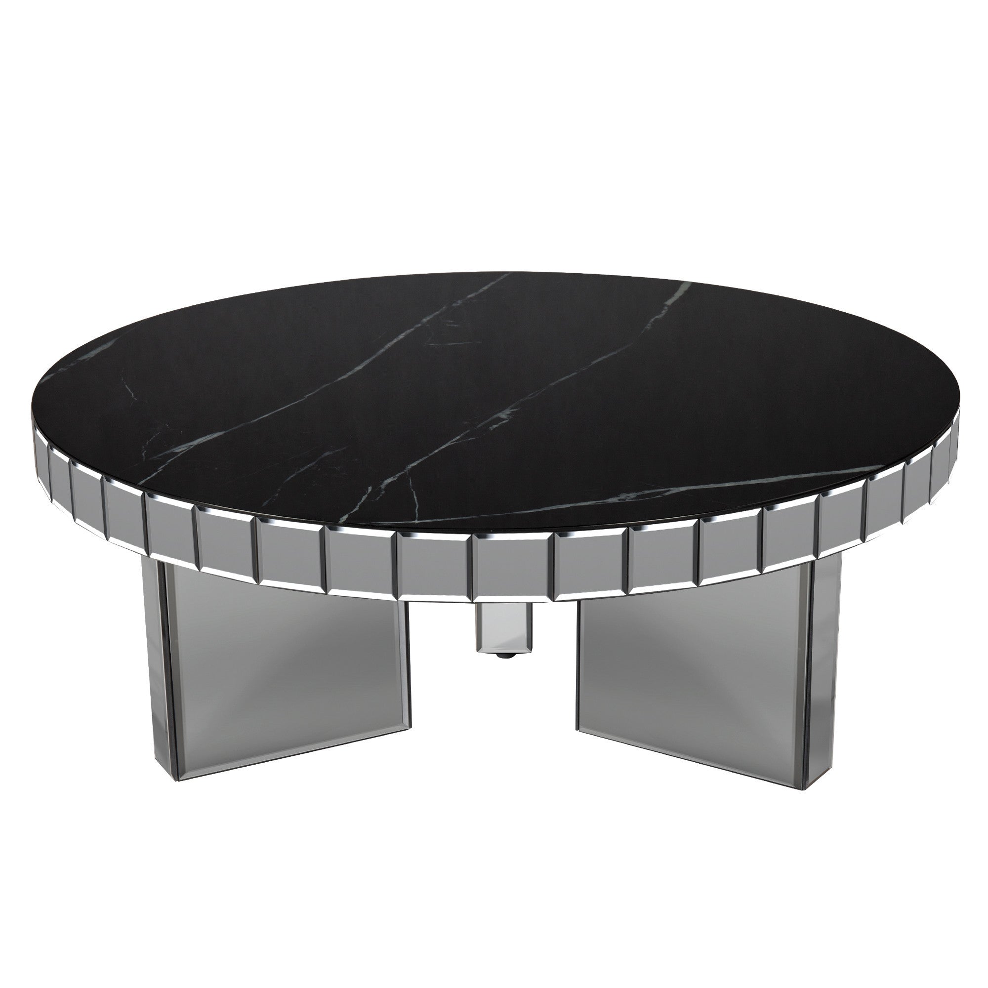 35" Silver And Black Mirrored Glass and Faux Marble Round Coffee Table-4