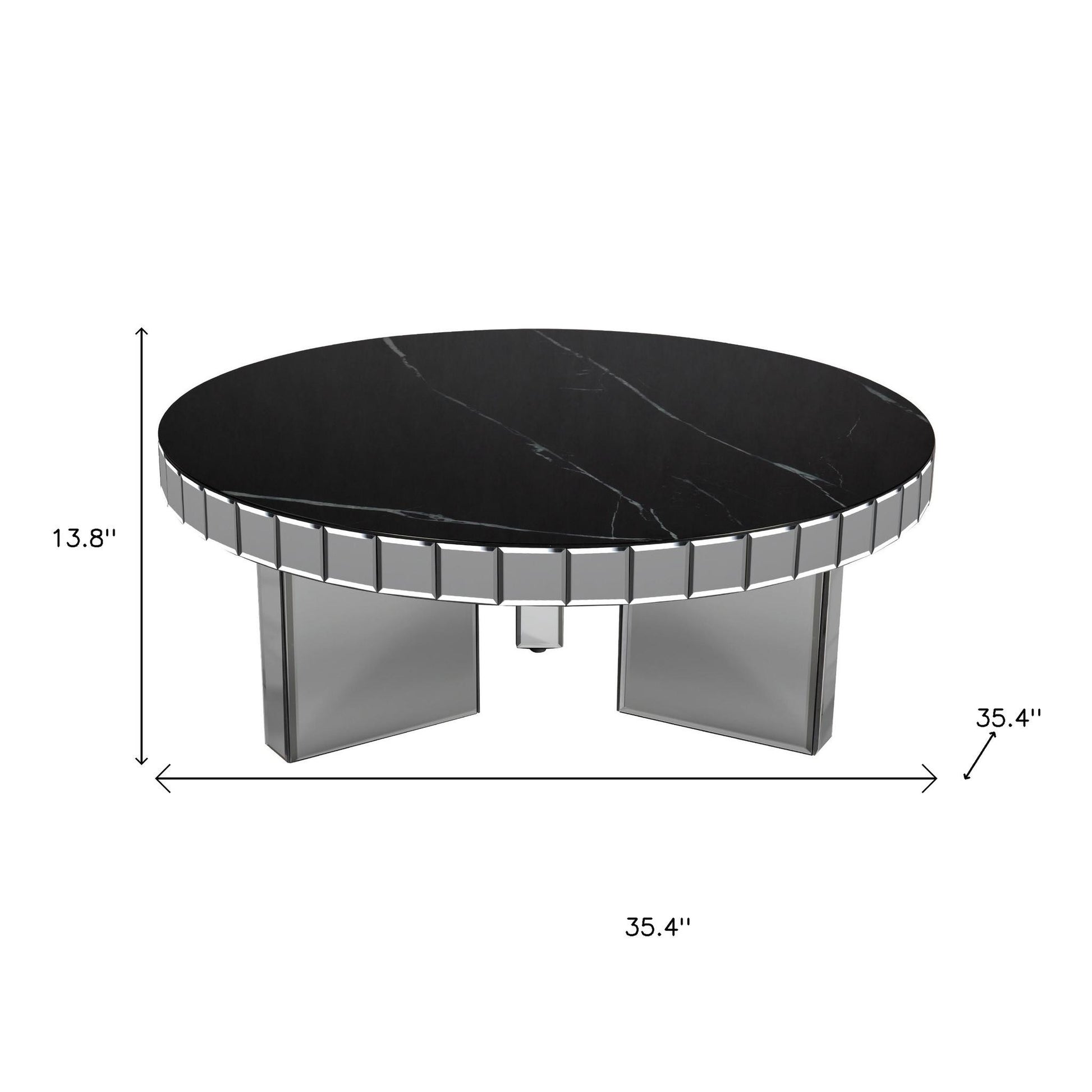 35" Silver And Black Mirrored Glass and Faux Marble Round Coffee Table-7