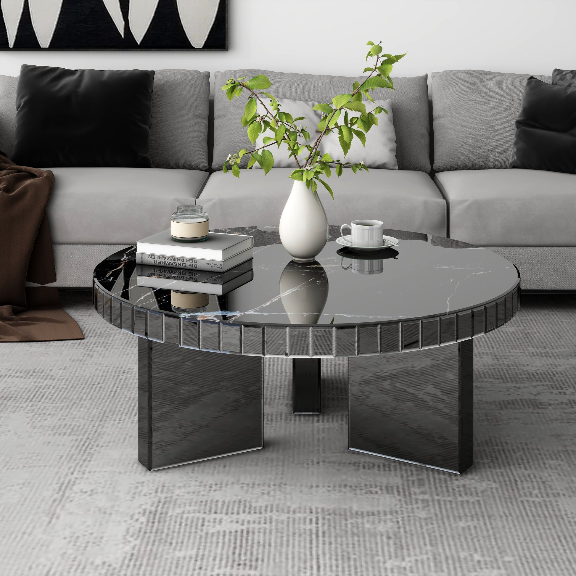 35" Silver And Black Mirrored Glass and Faux Marble Round Coffee Table-6