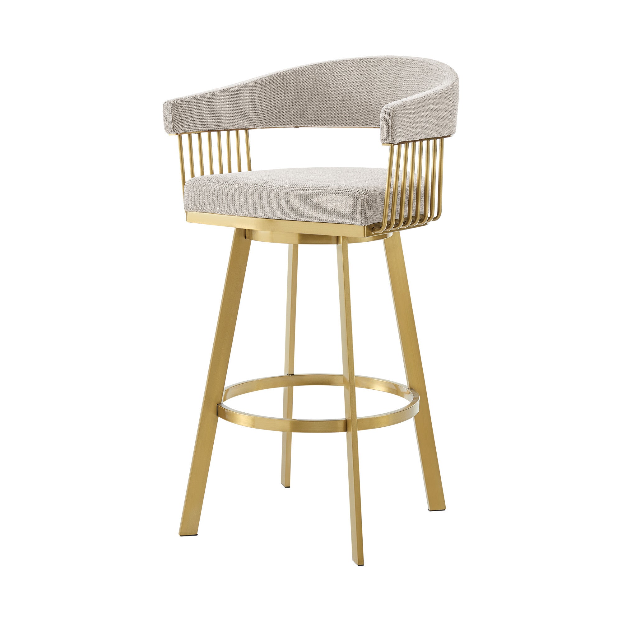30" Taupe and Gold Fabric and Stainless Steel Low Back Bar Height Swivel Bar Chair-5