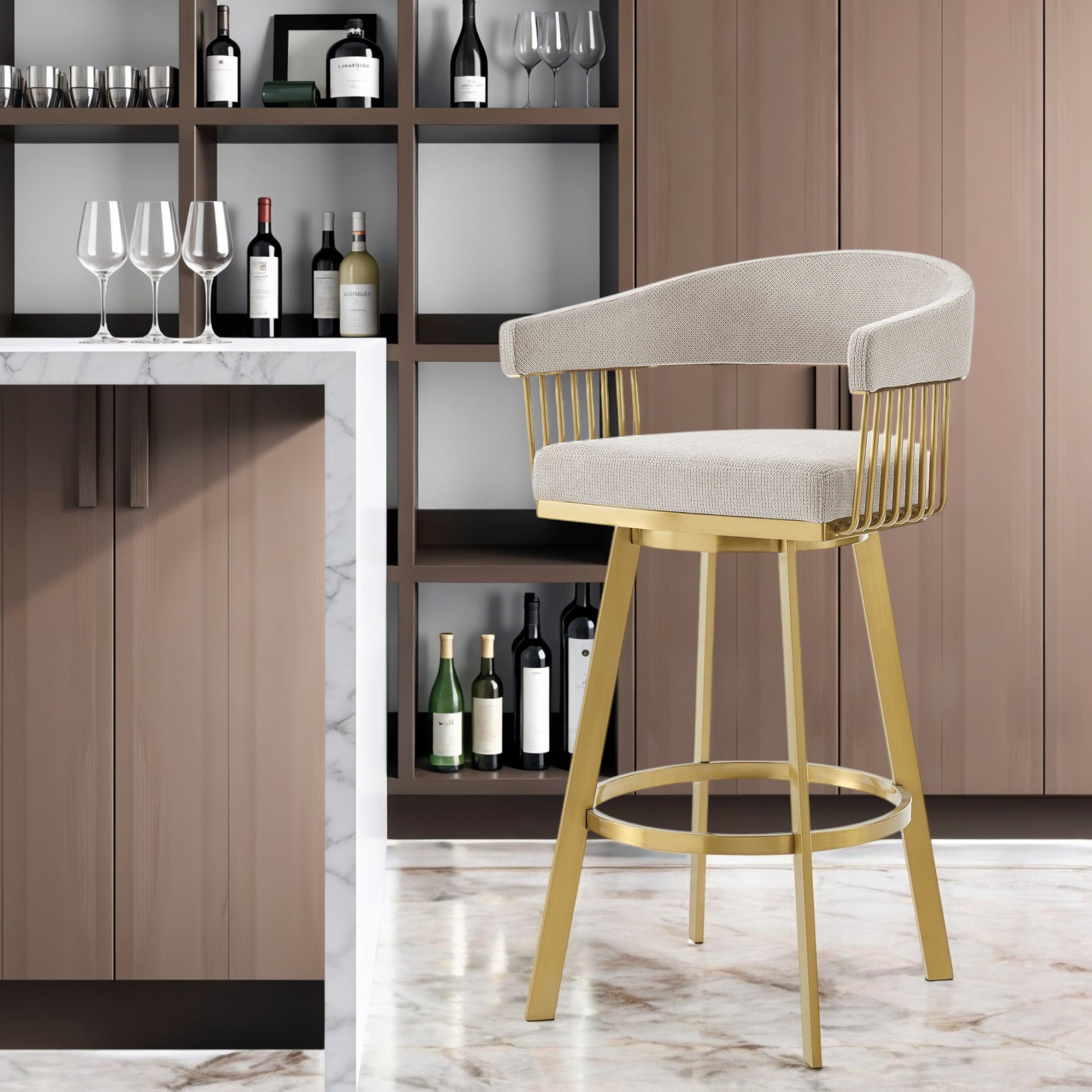30" Taupe and Gold Fabric and Stainless Steel Low Back Bar Height Swivel Bar Chair-0