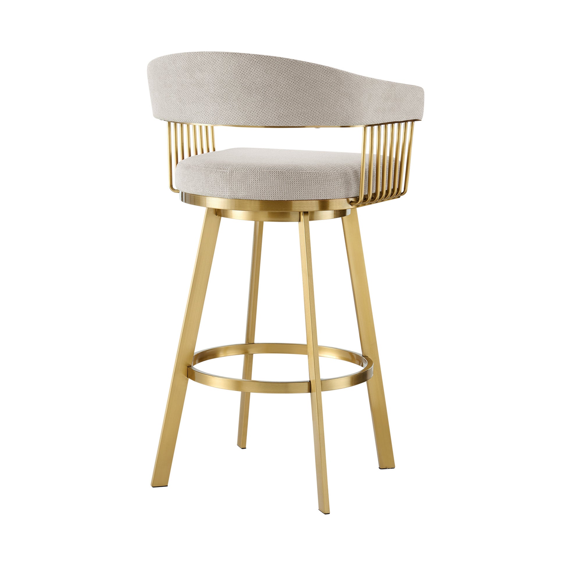 30" Taupe and Gold Fabric and Stainless Steel Low Back Bar Height Swivel Bar Chair-4