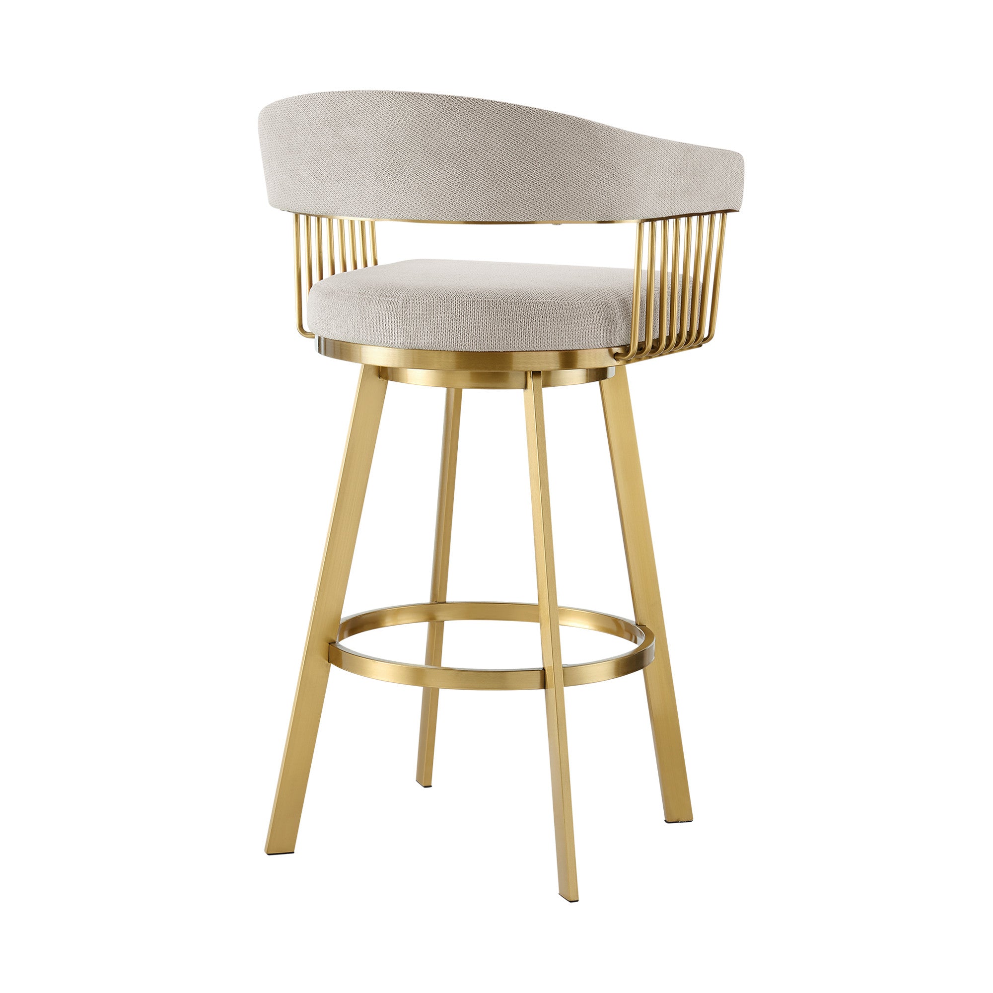 30" Taupe and Gold Fabric and Stainless Steel Low Back Bar Height Swivel Bar Chair-4