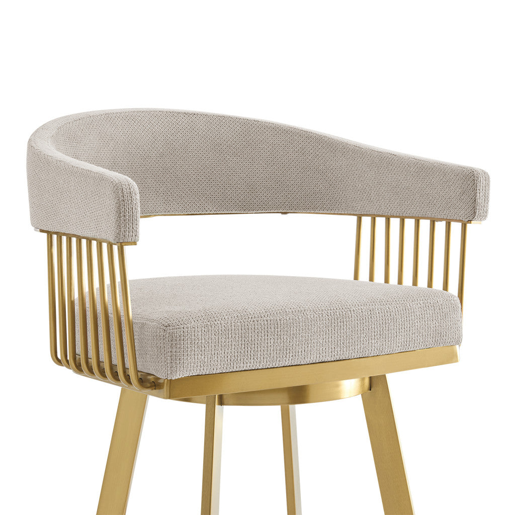 30" Taupe and Gold Fabric and Stainless Steel Low Back Bar Height Swivel Bar Chair-7