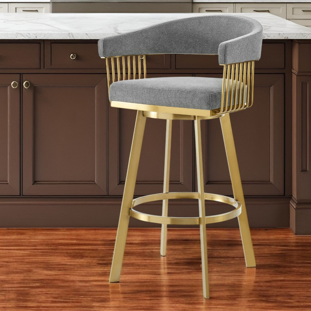 26" Gray and Gold Fabric and Stainless Steel Low Back Counter Height Swivel Bar Chair-0