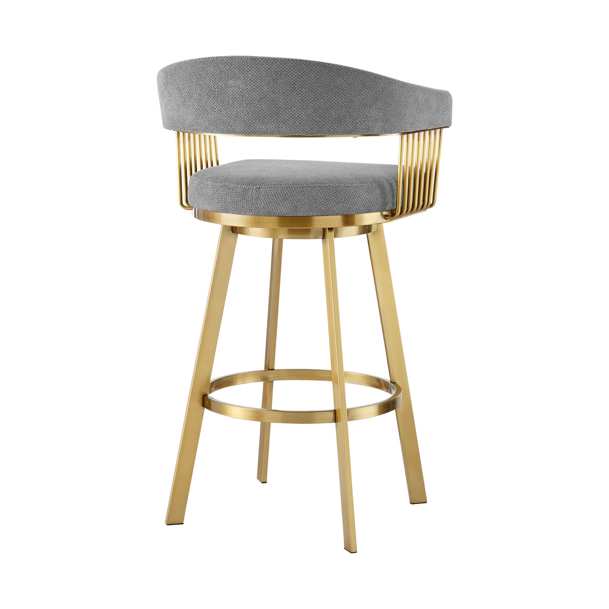 26" Gray and Gold Fabric and Stainless Steel Low Back Counter Height Swivel Bar Chair-3