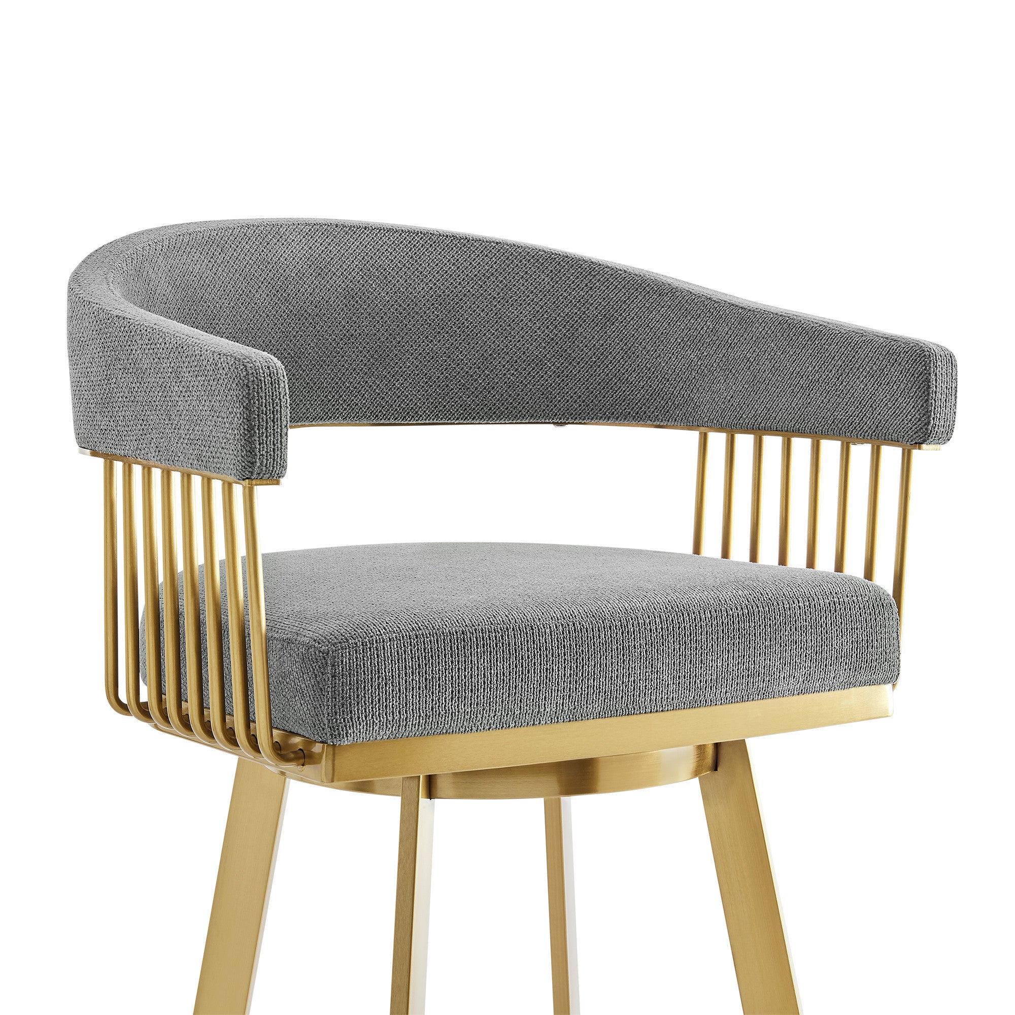 26" Gray and Gold Fabric and Stainless Steel Low Back Counter Height Swivel Bar Chair-6