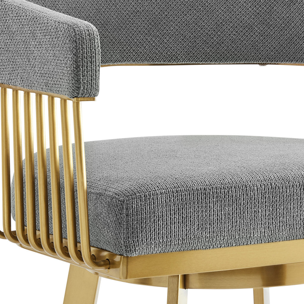 26" Gray and Gold Fabric and Stainless Steel Low Back Counter Height Swivel Bar Chair-8