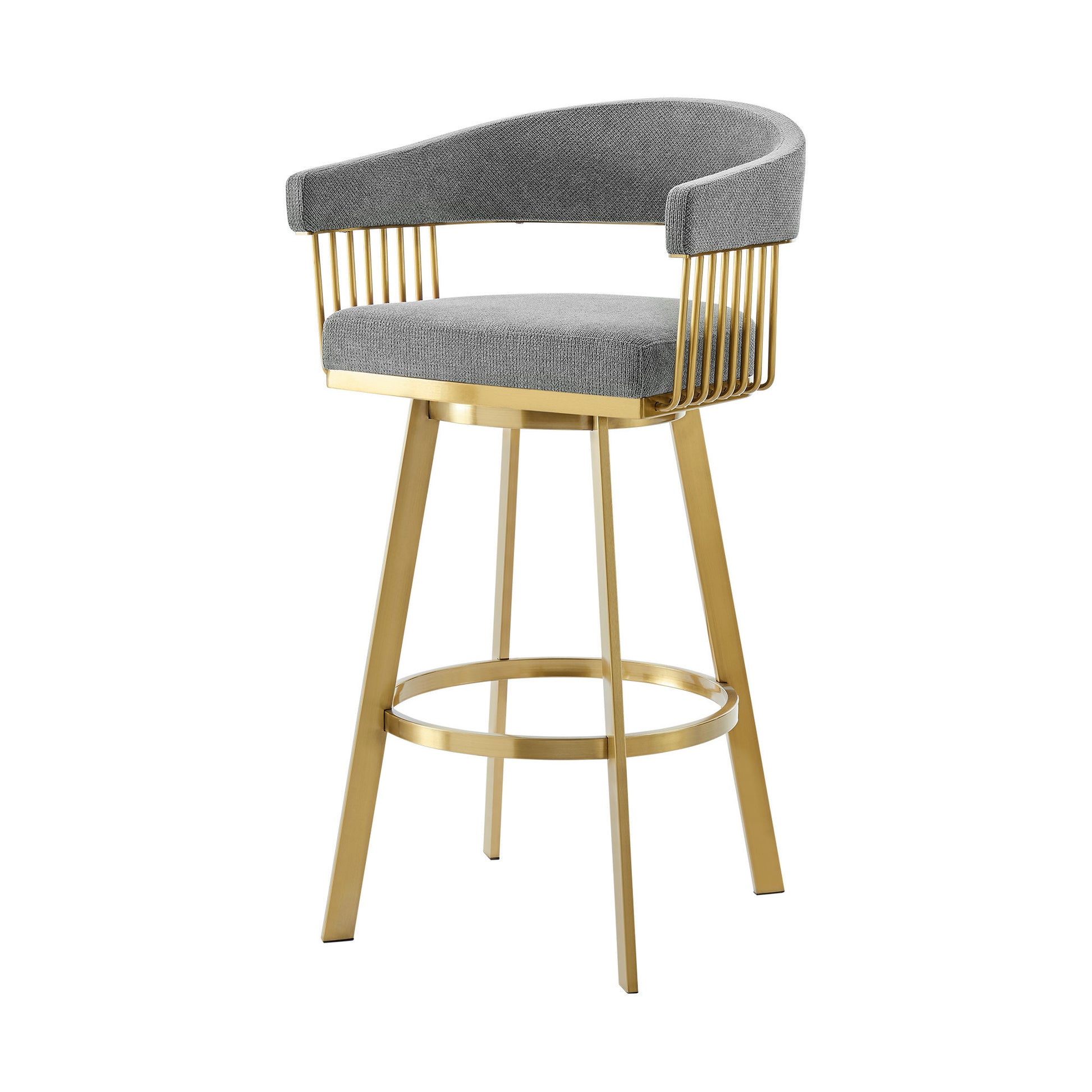 30" Gray and Gold Fabric and Stainless Steel Low Back Bar Height Swivel Bar Chair-5