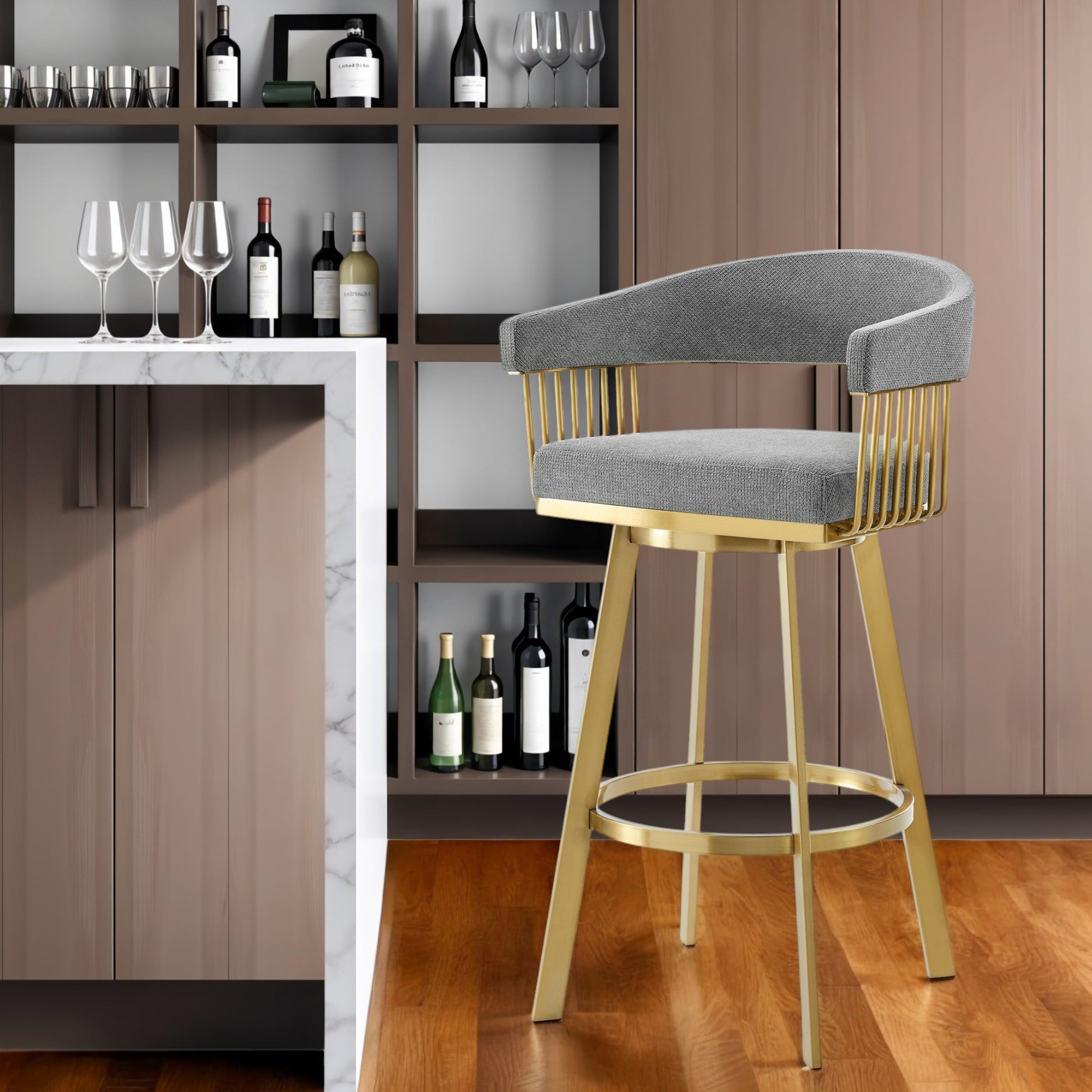 30" Gray and Gold Fabric and Stainless Steel Low Back Bar Height Swivel Bar Chair-1