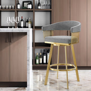 30" Gray and Gold Fabric and Stainless Steel Low Back Bar Height Swivel Bar Chair-0