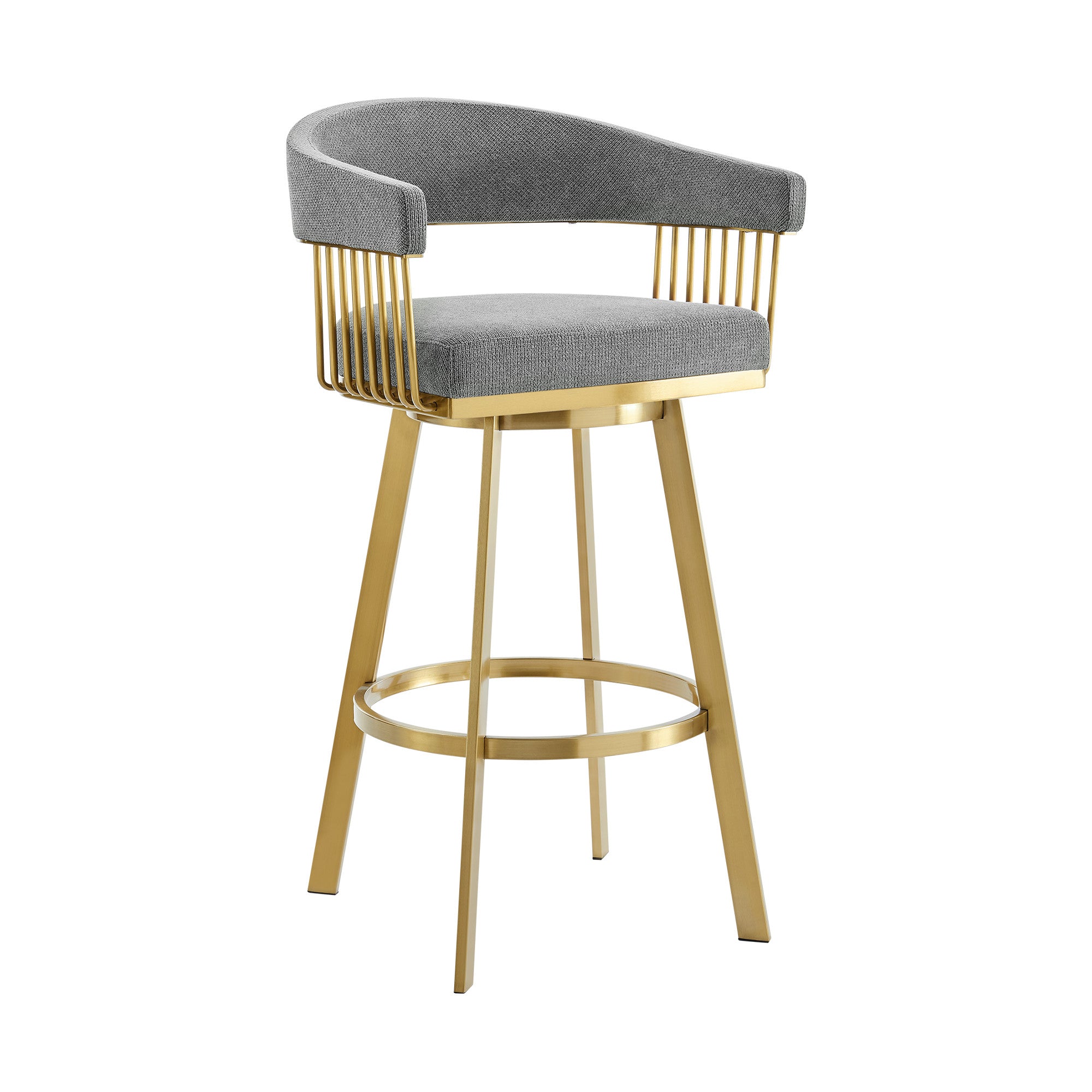 30" Gray and Gold Fabric and Stainless Steel Low Back Bar Height Swivel Bar Chair-3