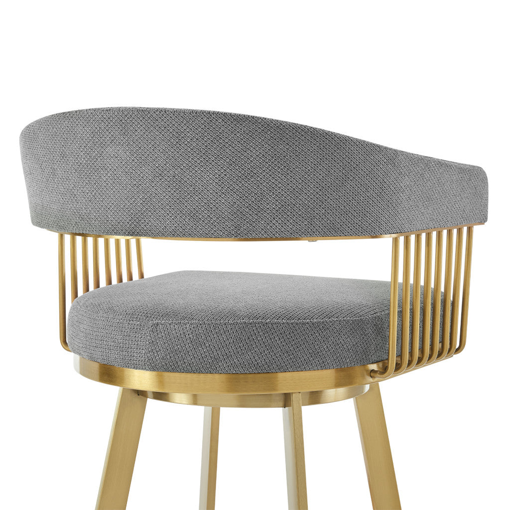 30" Gray and Gold Fabric and Stainless Steel Low Back Bar Height Swivel Bar Chair-8