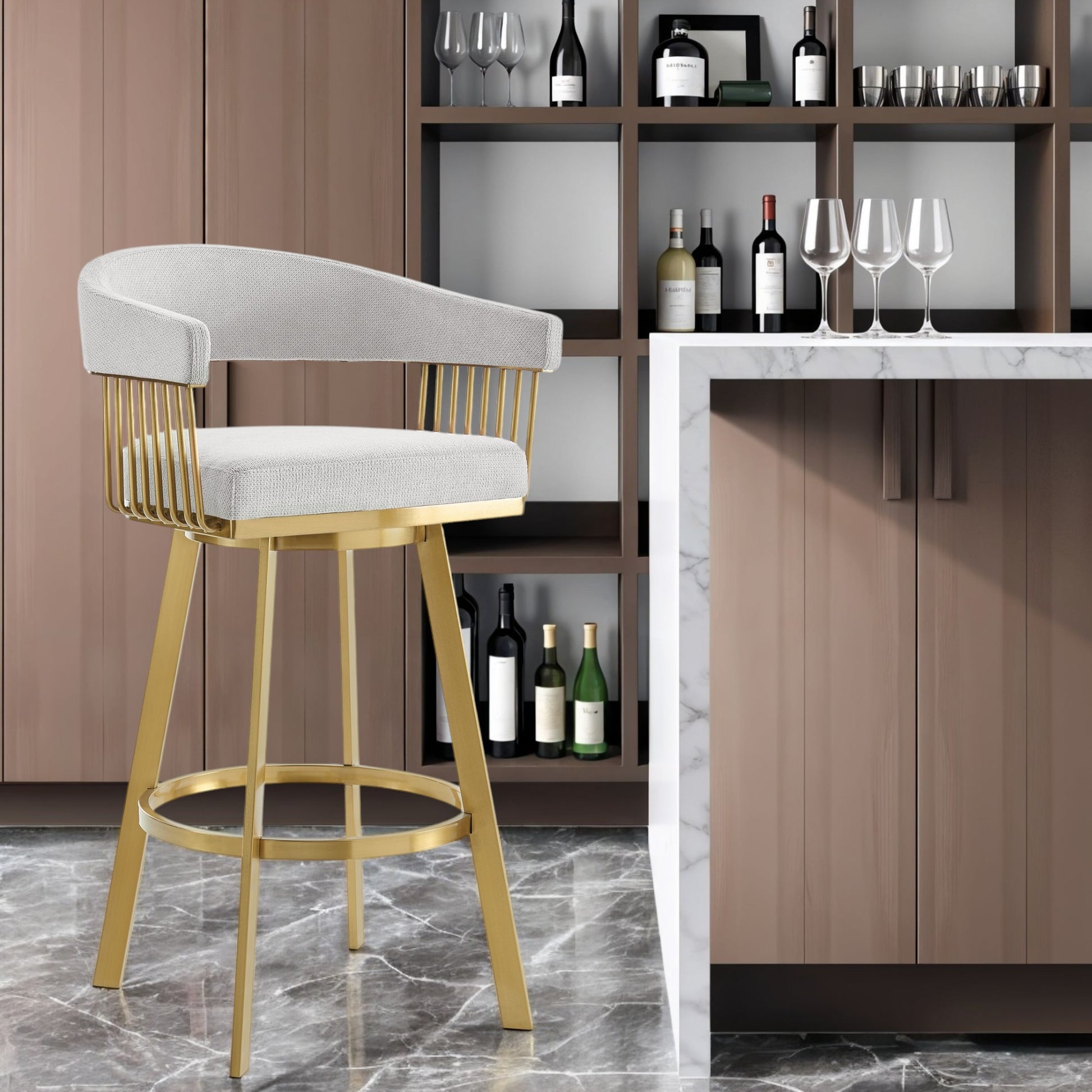 30" Silver and Gold Fabric and Stainless Steel Low Back Bar Height Swivel Bar Chair-0