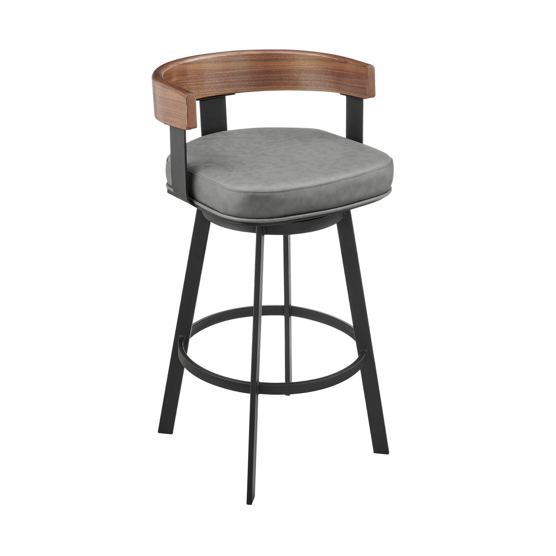 26" Gray and Black Faux Leather and Iron Low Back Counter Height Swivel Bar Chair-1