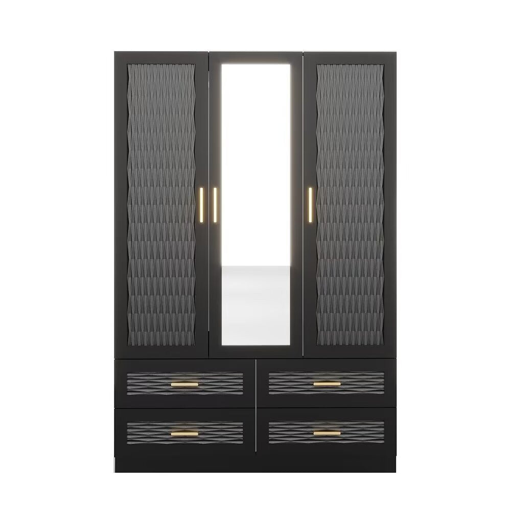 71" Black Carved Geometric Mirrored Three Door Four Drawer Combo Dresser-Dressers-DECOROLALA