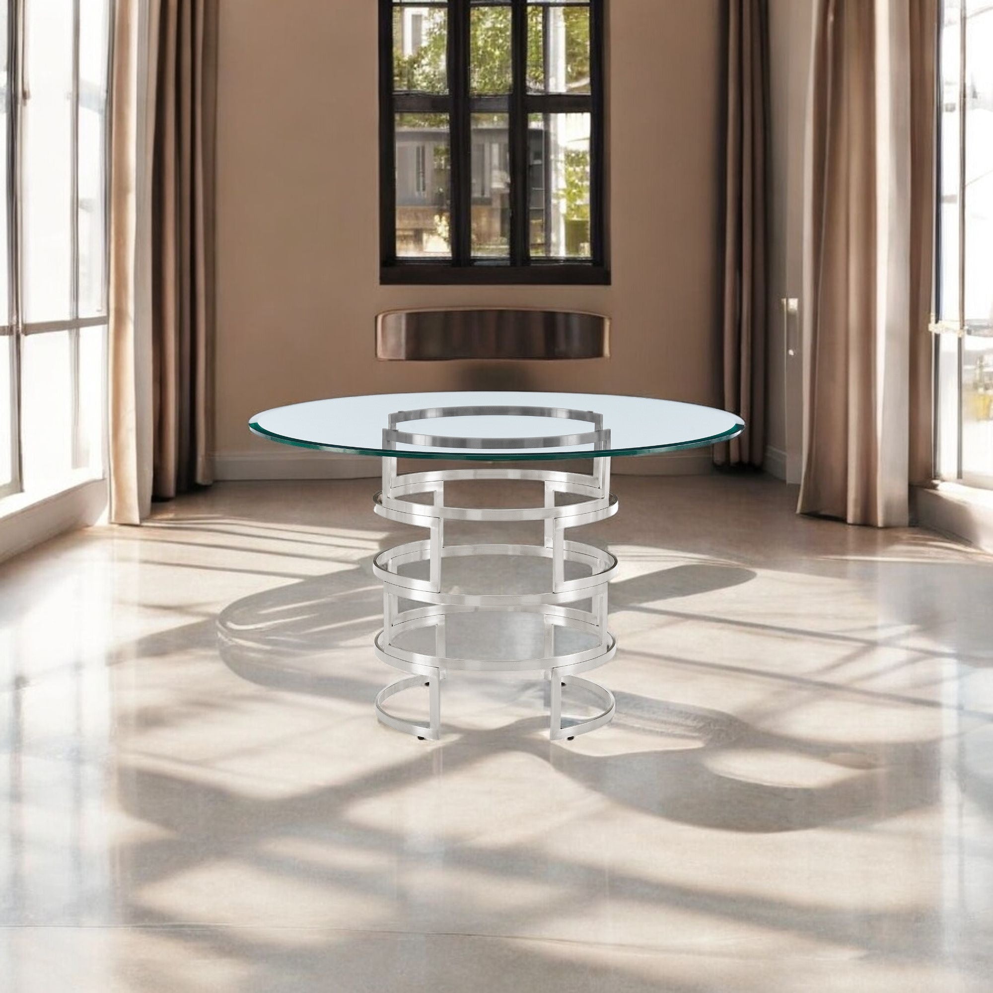 48" Clear And Silver Glass And Stainless Steel Pedestal Base Round Top Dining Table-Dining Tables-DECOROLALA