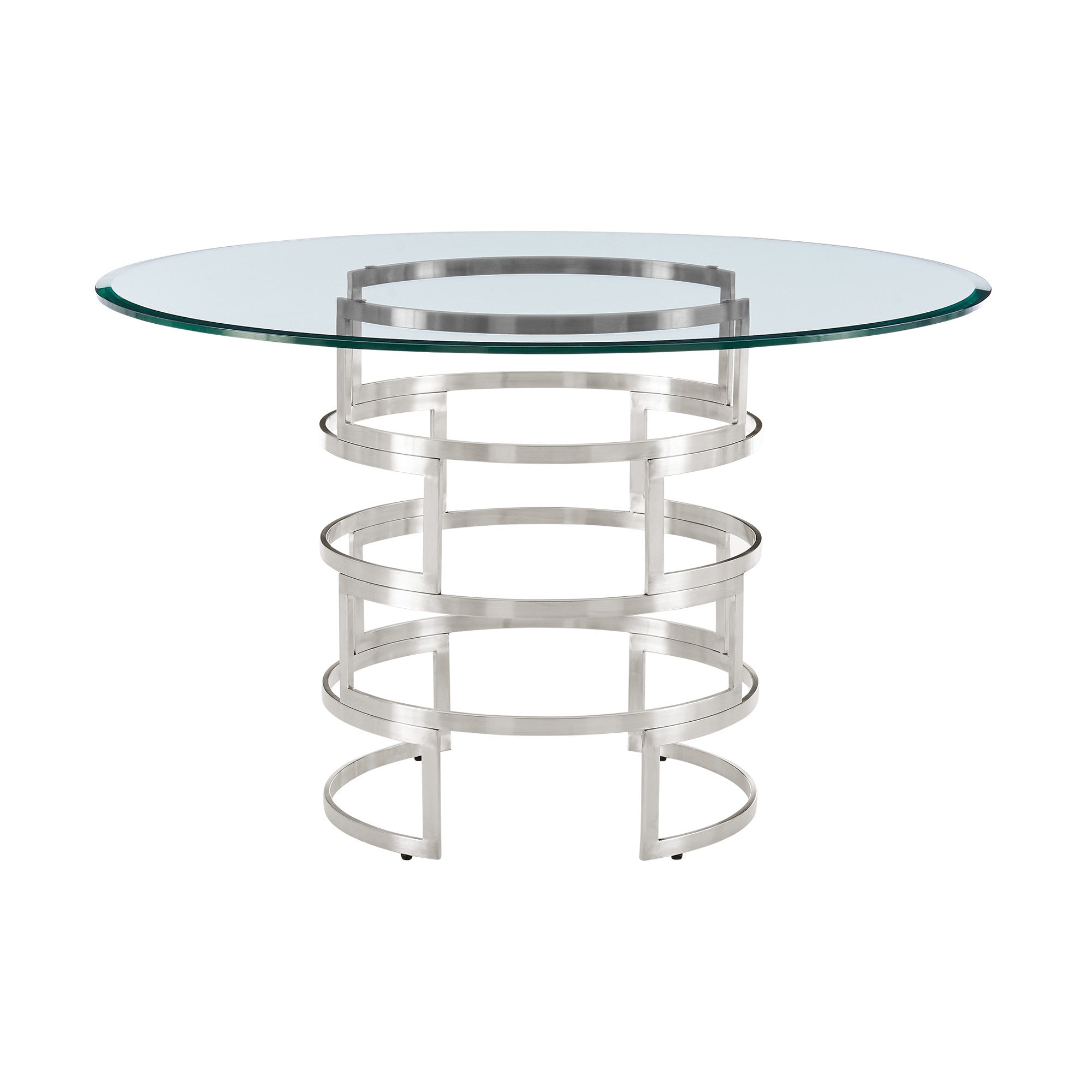 48" Clear And Silver Glass And Stainless Steel Pedestal Base Round Top Dining Table-Dining Tables-DECOROLALA