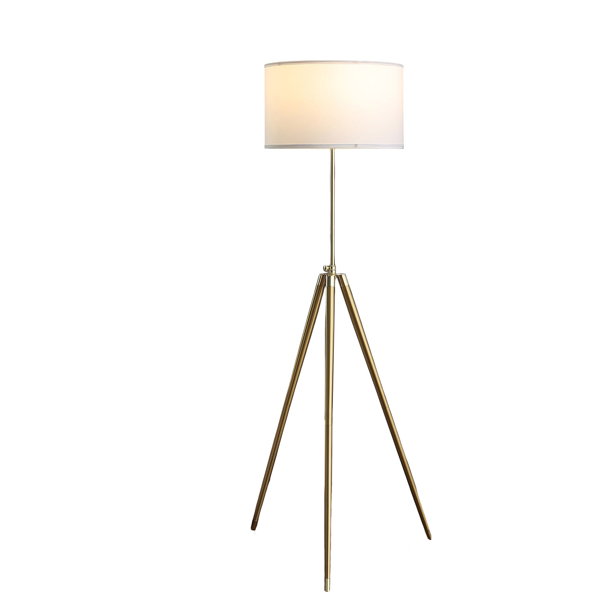 Gold Metal Adjustable Tripod Floor Lamp With White Linen Drum Shade-Floor Lamps-DECOROLALA