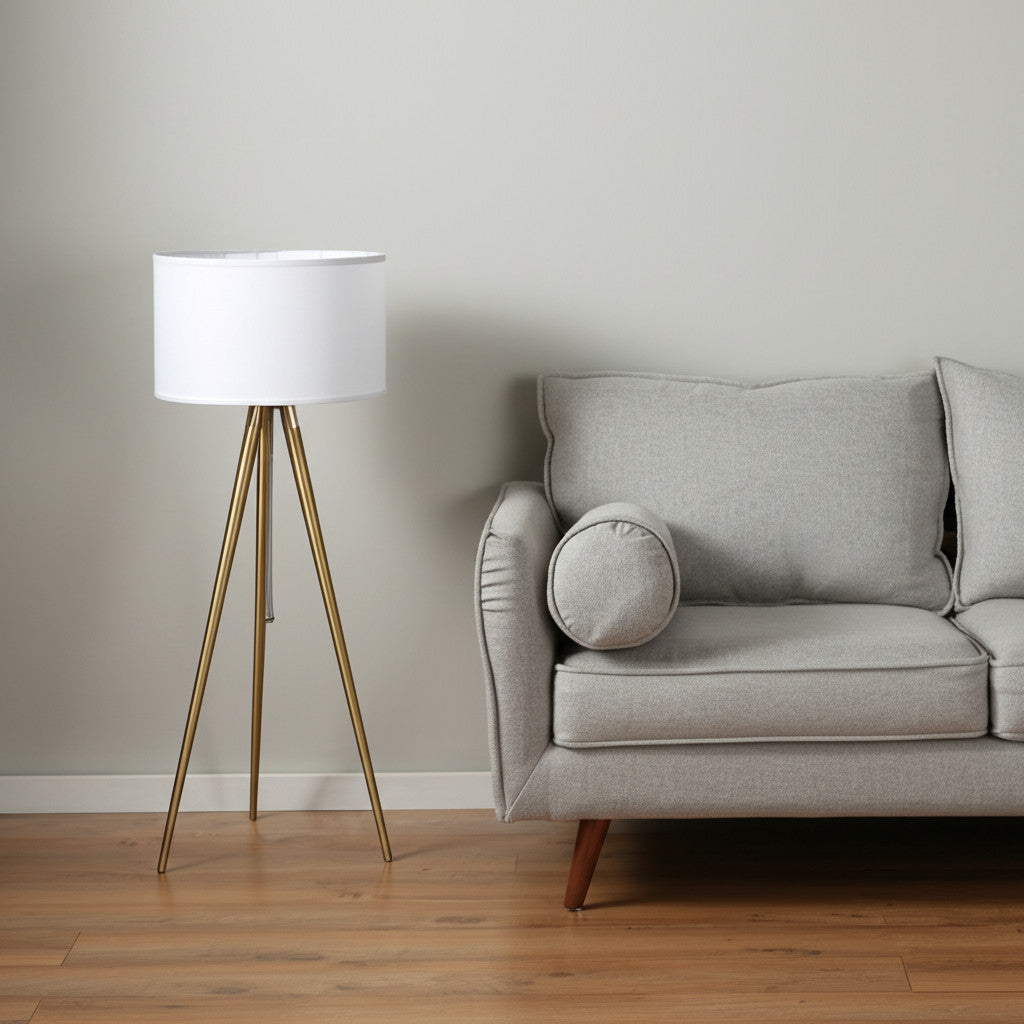 Gold Metal Adjustable Tripod Floor Lamp With White Linen Drum Shade-Floor Lamps-DECOROLALA