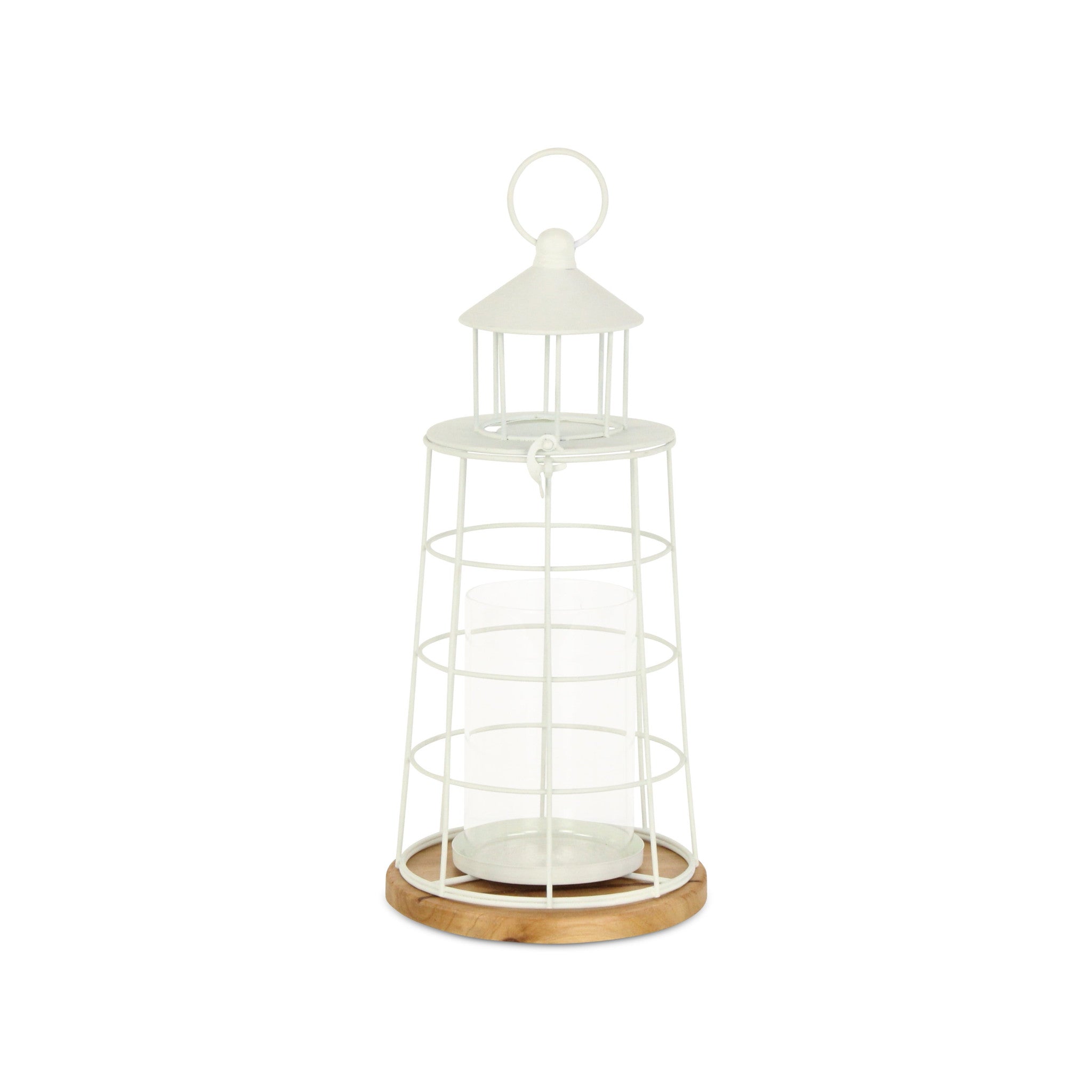 15" White And Natural Metal And Wood Lighthouse Tabletop Lantern Candle Holder-Candle Holders-DECOROLALA