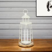 15" White And Natural Metal And Wood Lighthouse Tabletop Lantern Candle Holder-Candle Holders-DECOROLALA