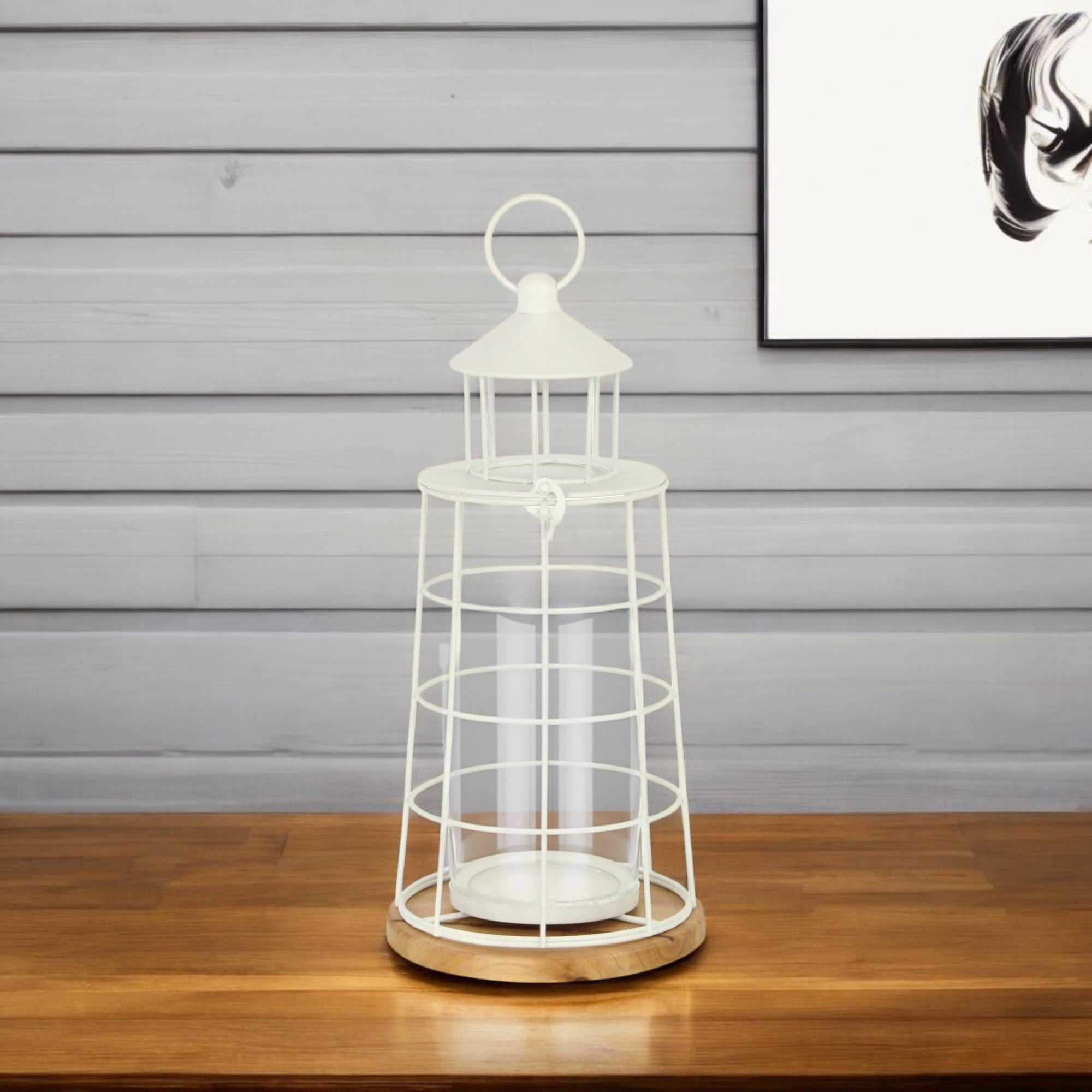 15" White And Natural Metal And Wood Lighthouse Tabletop Lantern Candle Holder-Candle Holders-DECOROLALA