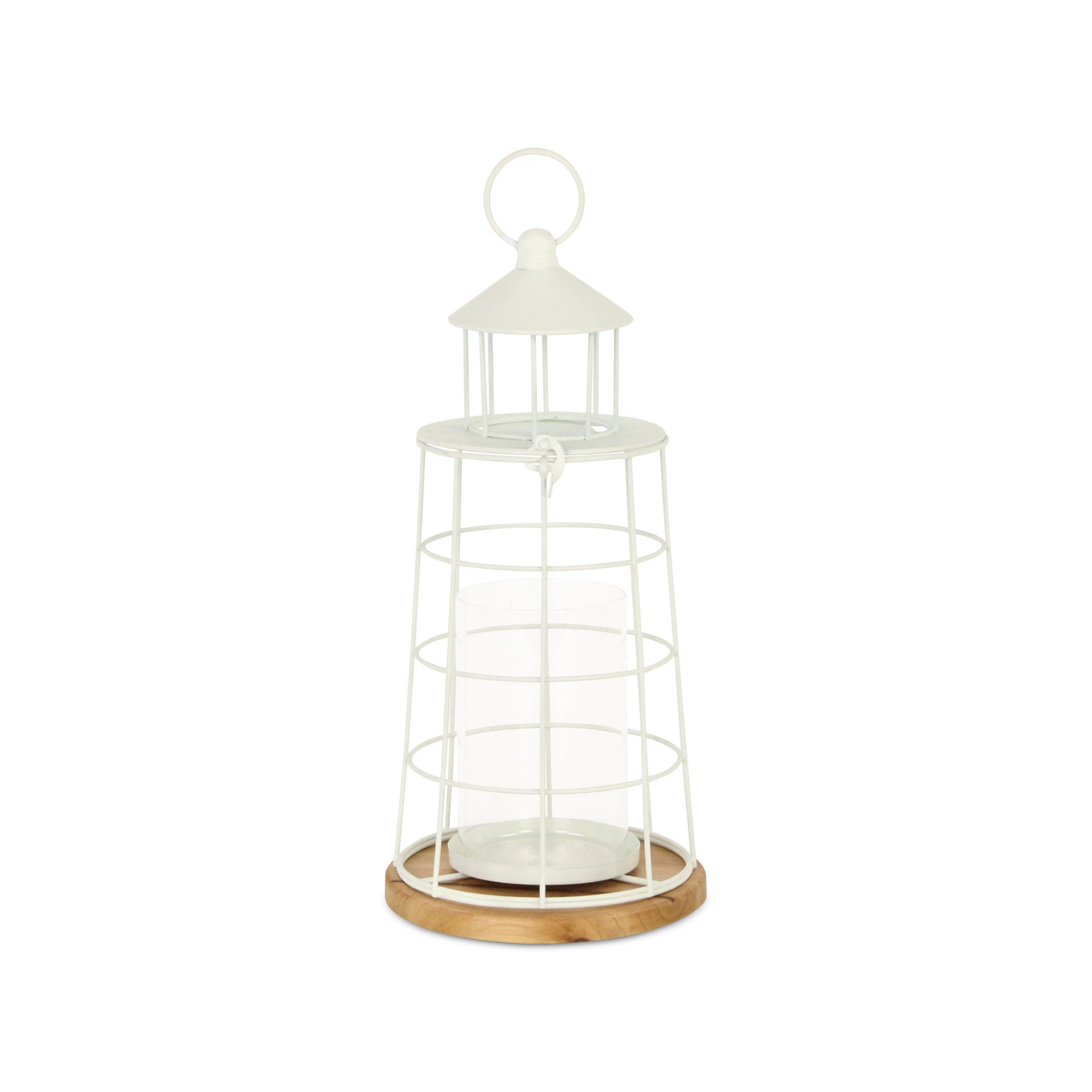 15" White And Natural Metal And Wood Lighthouse Tabletop Lantern Candle Holder-Candle Holders-DECOROLALA