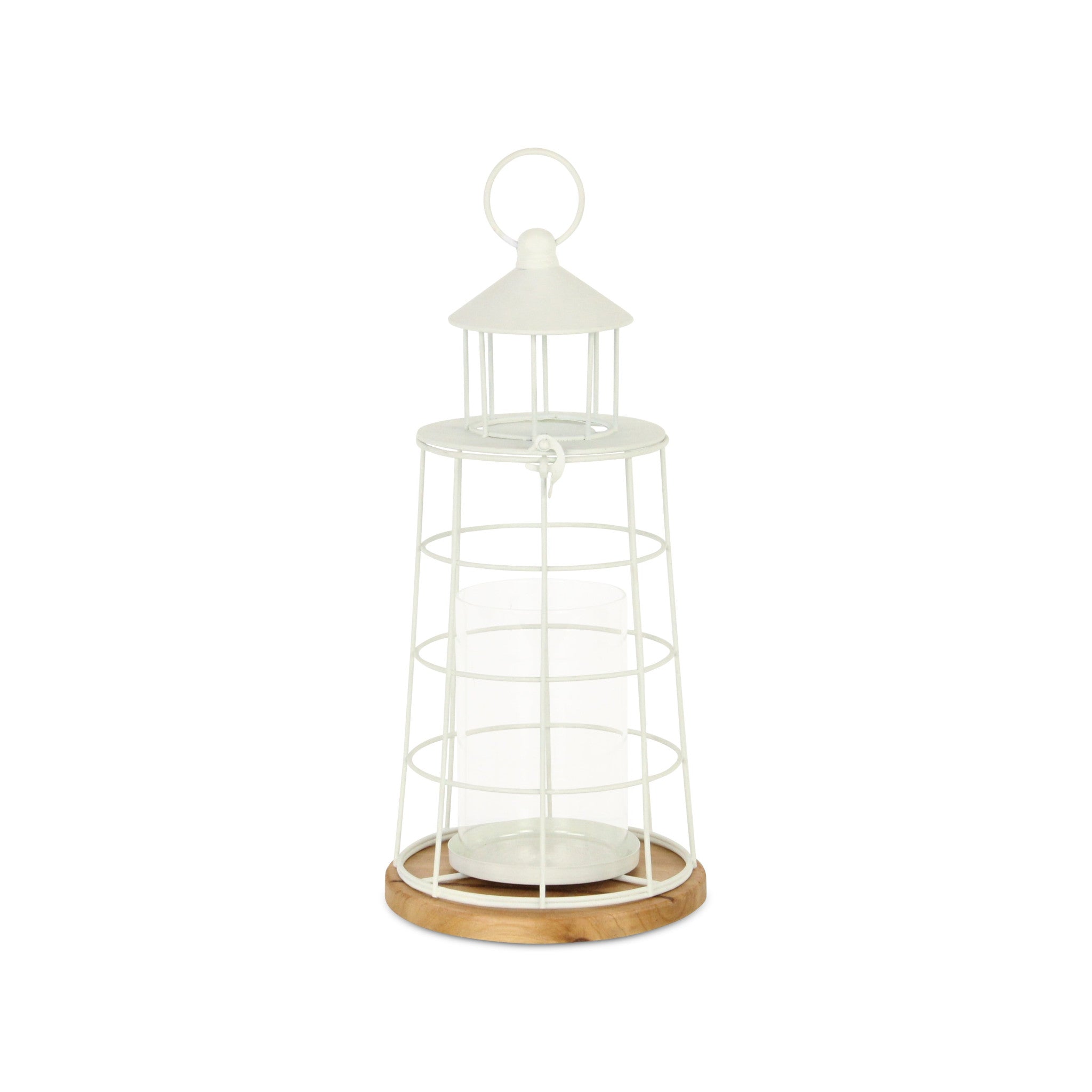 15" White And Natural Metal And Wood Lighthouse Tabletop Lantern Candle Holder-Candle Holders-DECOROLALA