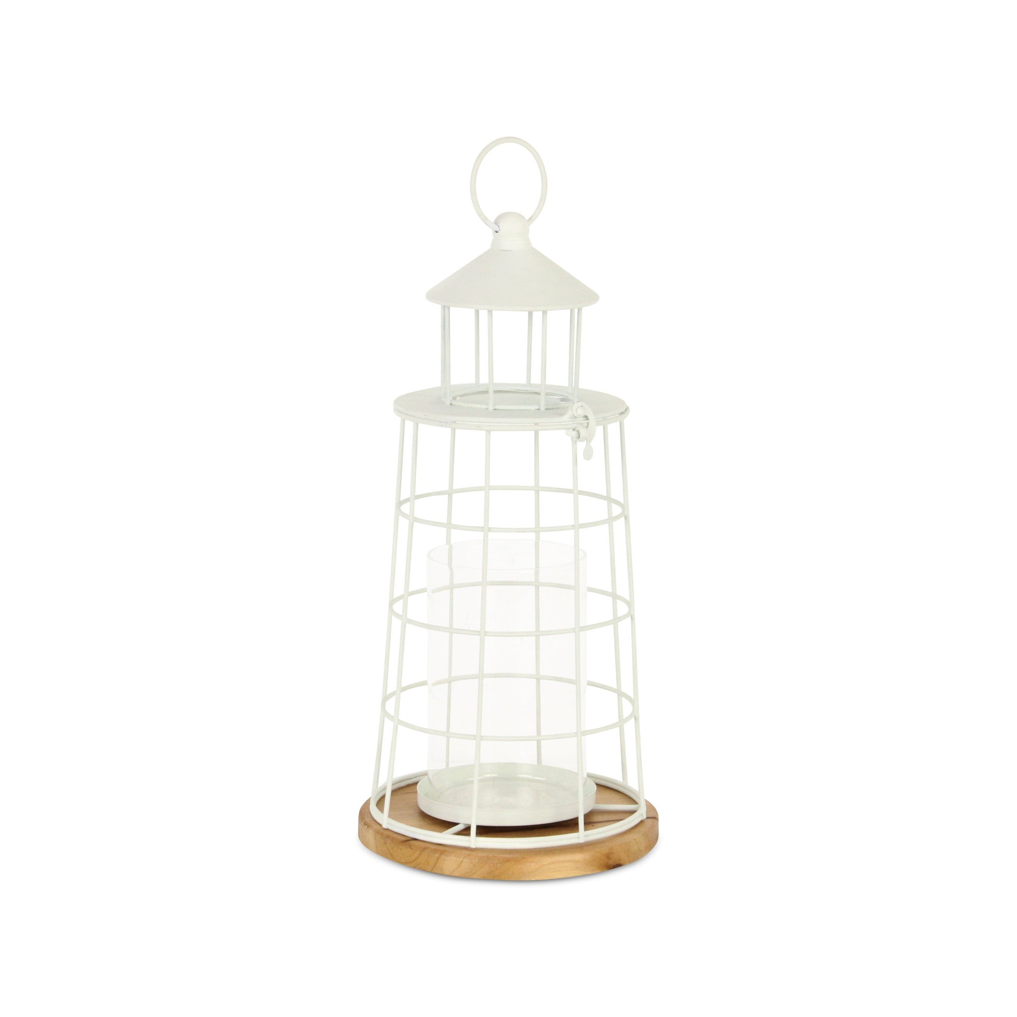 15" White And Natural Metal And Wood Lighthouse Tabletop Lantern Candle Holder-Candle Holders-DECOROLALA