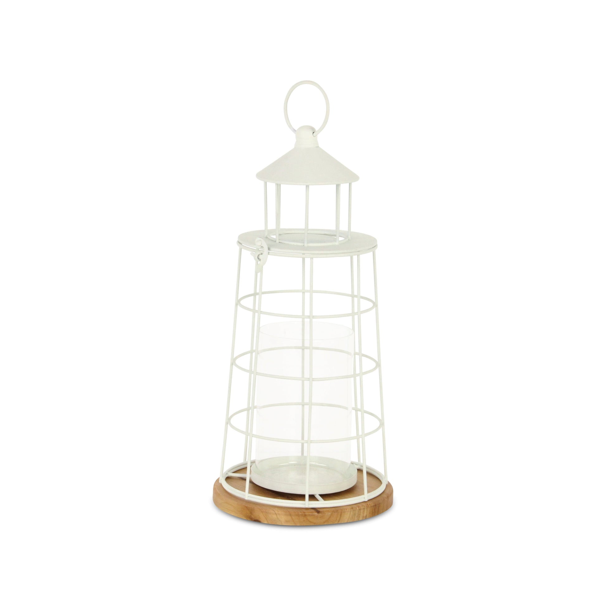15" White And Natural Metal And Wood Lighthouse Tabletop Lantern Candle Holder-Candle Holders-DECOROLALA