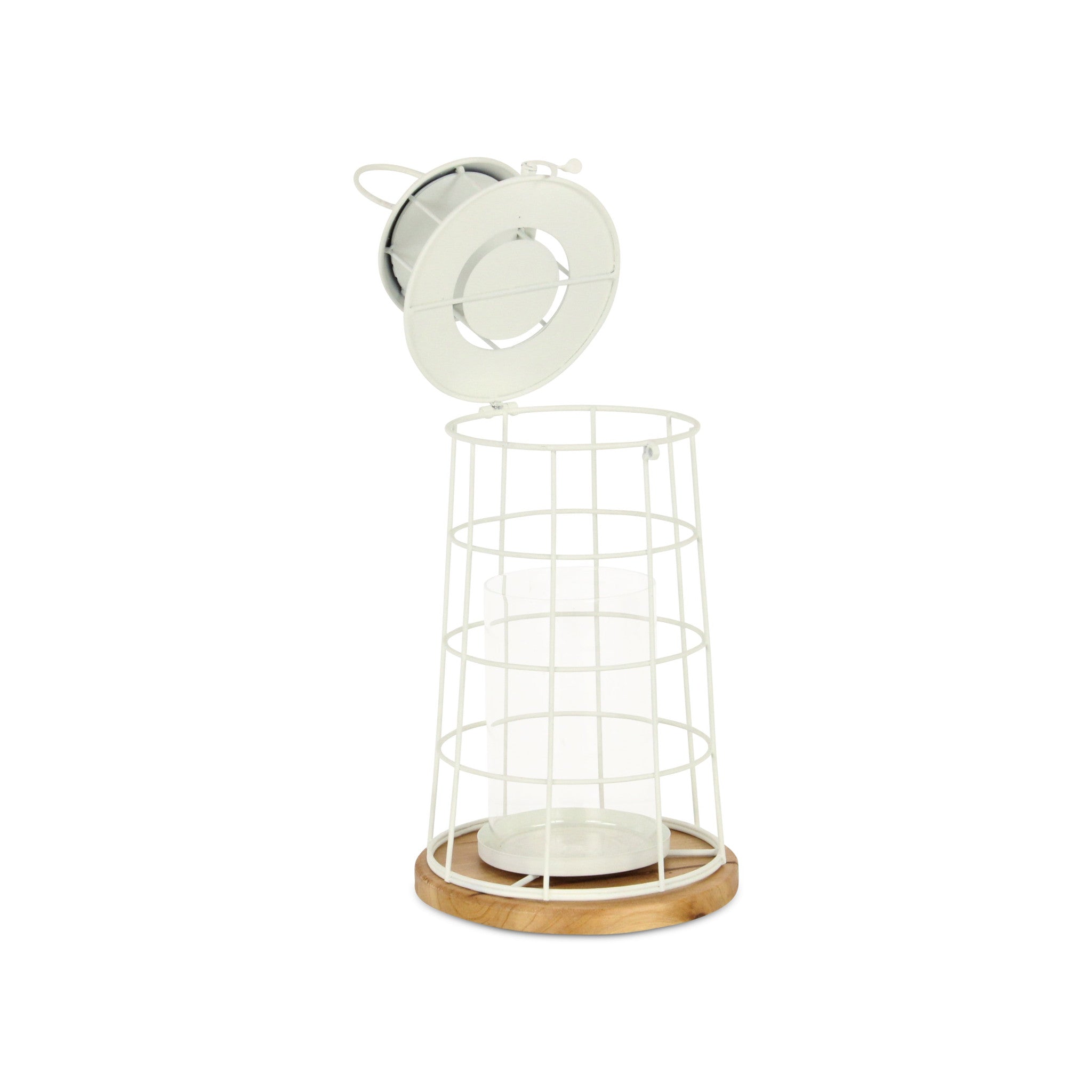 15" White And Natural Metal And Wood Lighthouse Tabletop Lantern Candle Holder-Candle Holders-DECOROLALA