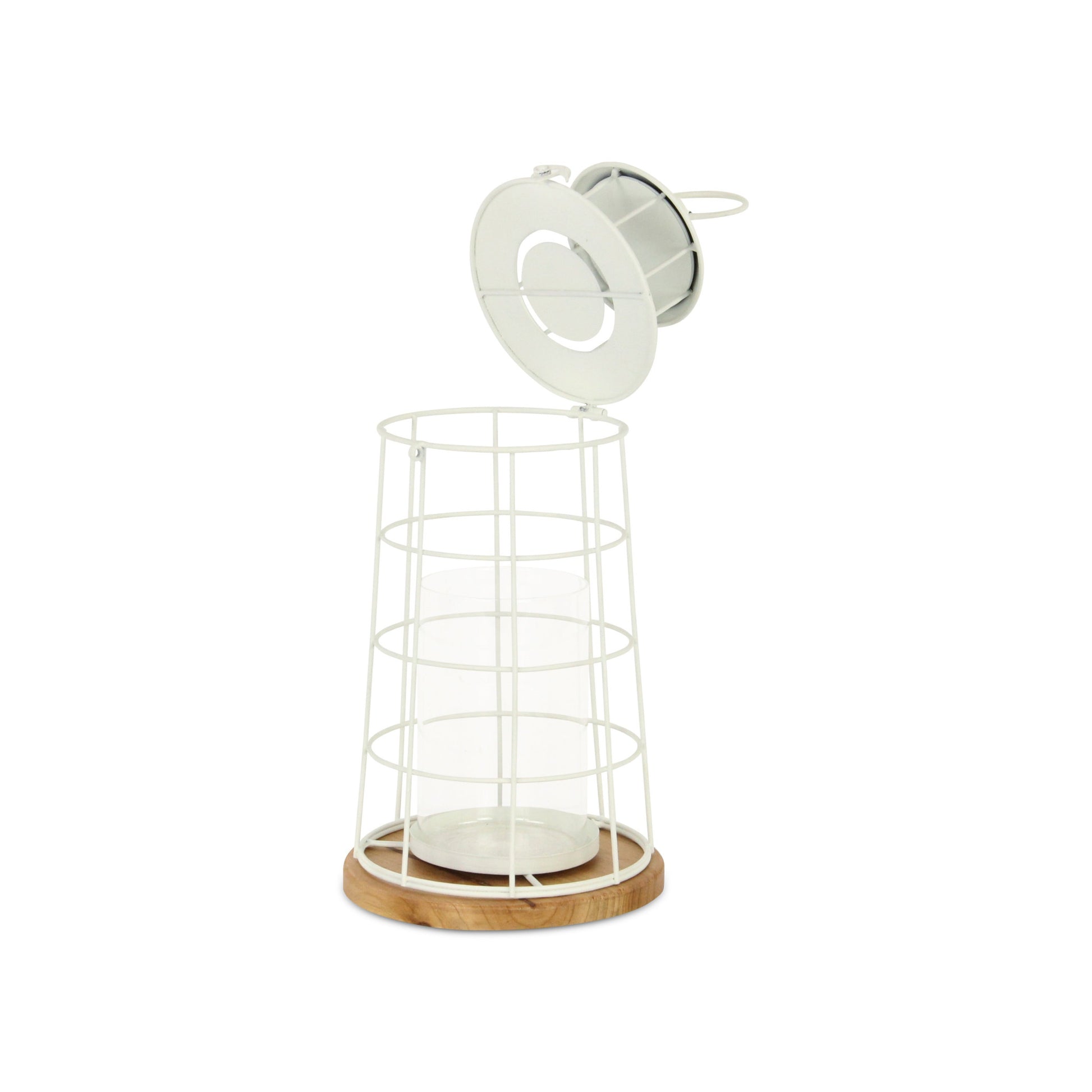 15" White And Natural Metal And Wood Lighthouse Tabletop Lantern Candle Holder-Candle Holders-DECOROLALA
