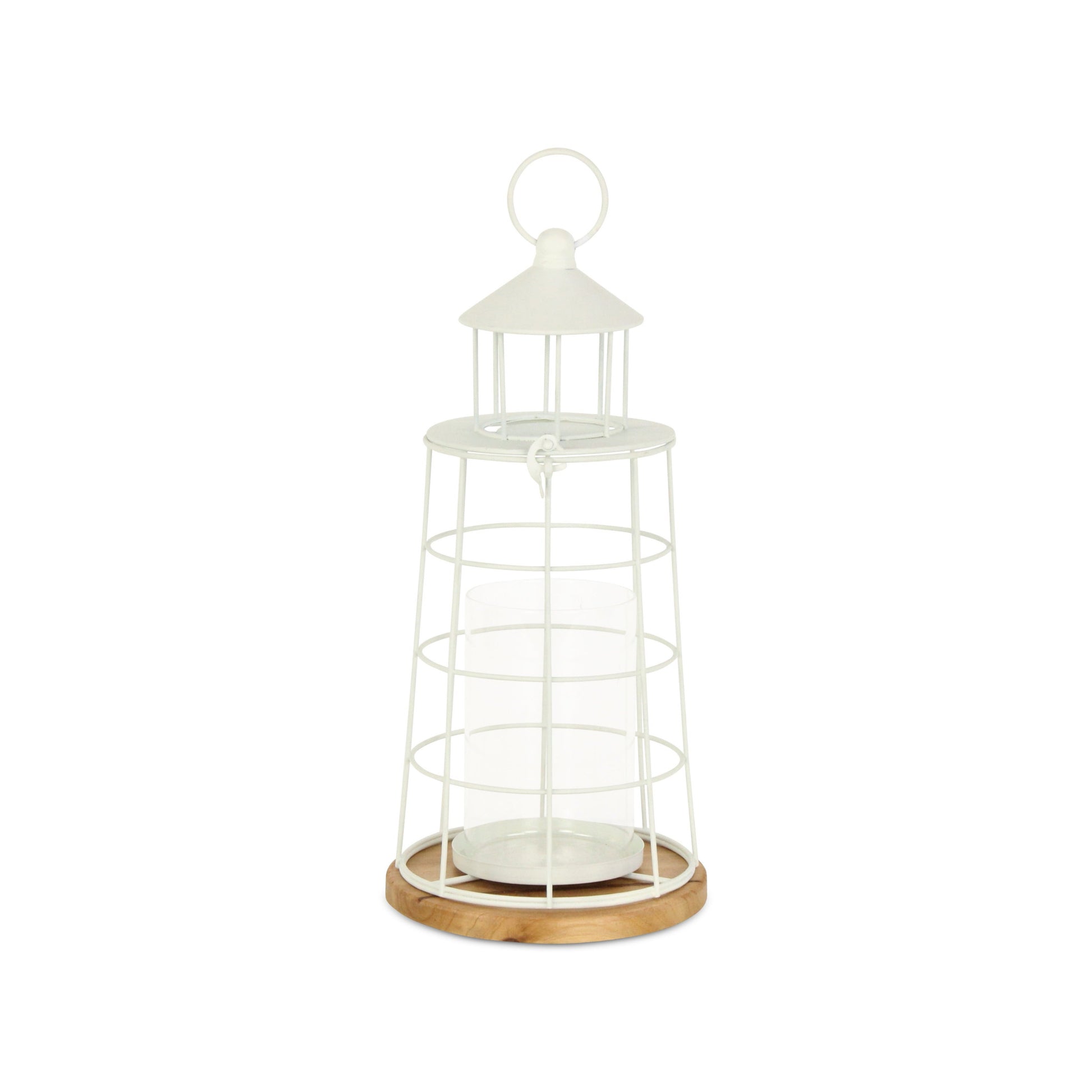 15" White And Natural Metal And Wood Lighthouse Tabletop Lantern Candle Holder-Candle Holders-DECOROLALA