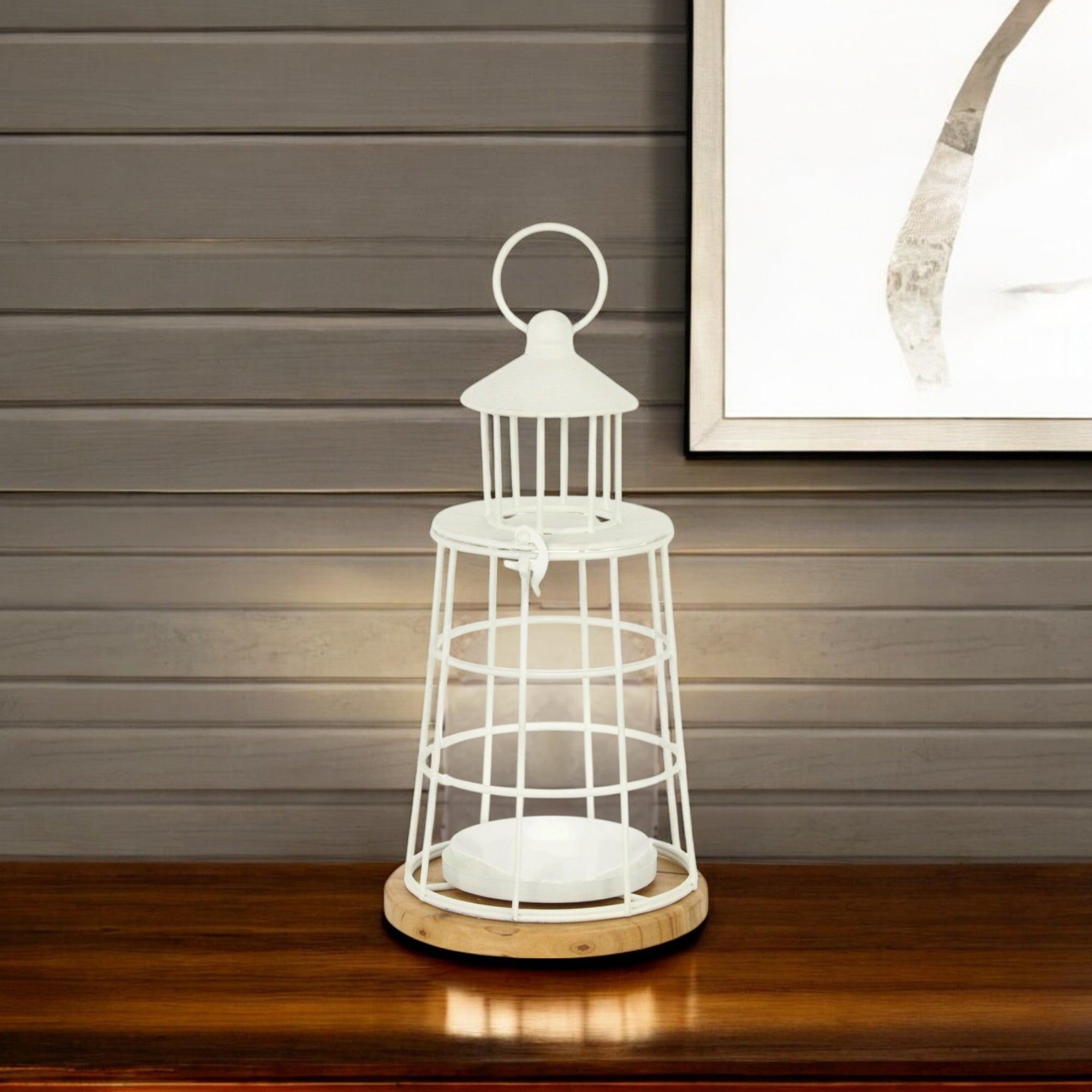 12" White And Natural Metal And Wood Lighthouse Tabletop Lantern Candle Holder-Candle Holders-DECOROLALA